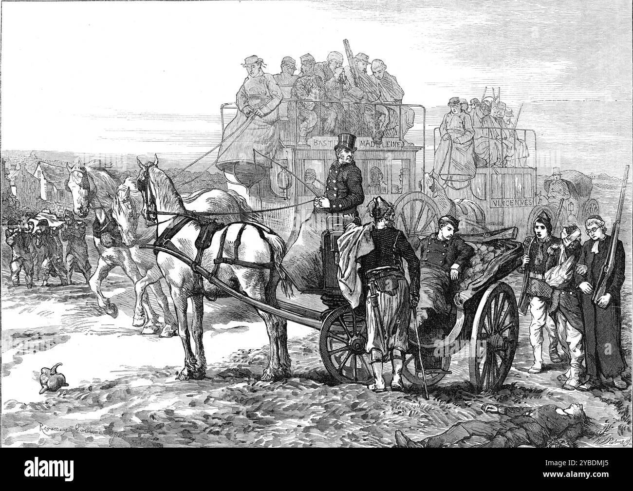 Private und öffentliche Wagen für den Rettungsdienst außerhalb von Paris, 1871. Szene aus dem Deutsch-Französischen Krieg: "...eine Sammlung öffentlicher und privater Kutschen, die für den Dienst der Krankenwagen oder Feldlazarette geliehen wurden, um zu den Schlachtfeldern außerhalb der Stadt zu fahren." Aus Illustrated London News, 1871. Stockfoto