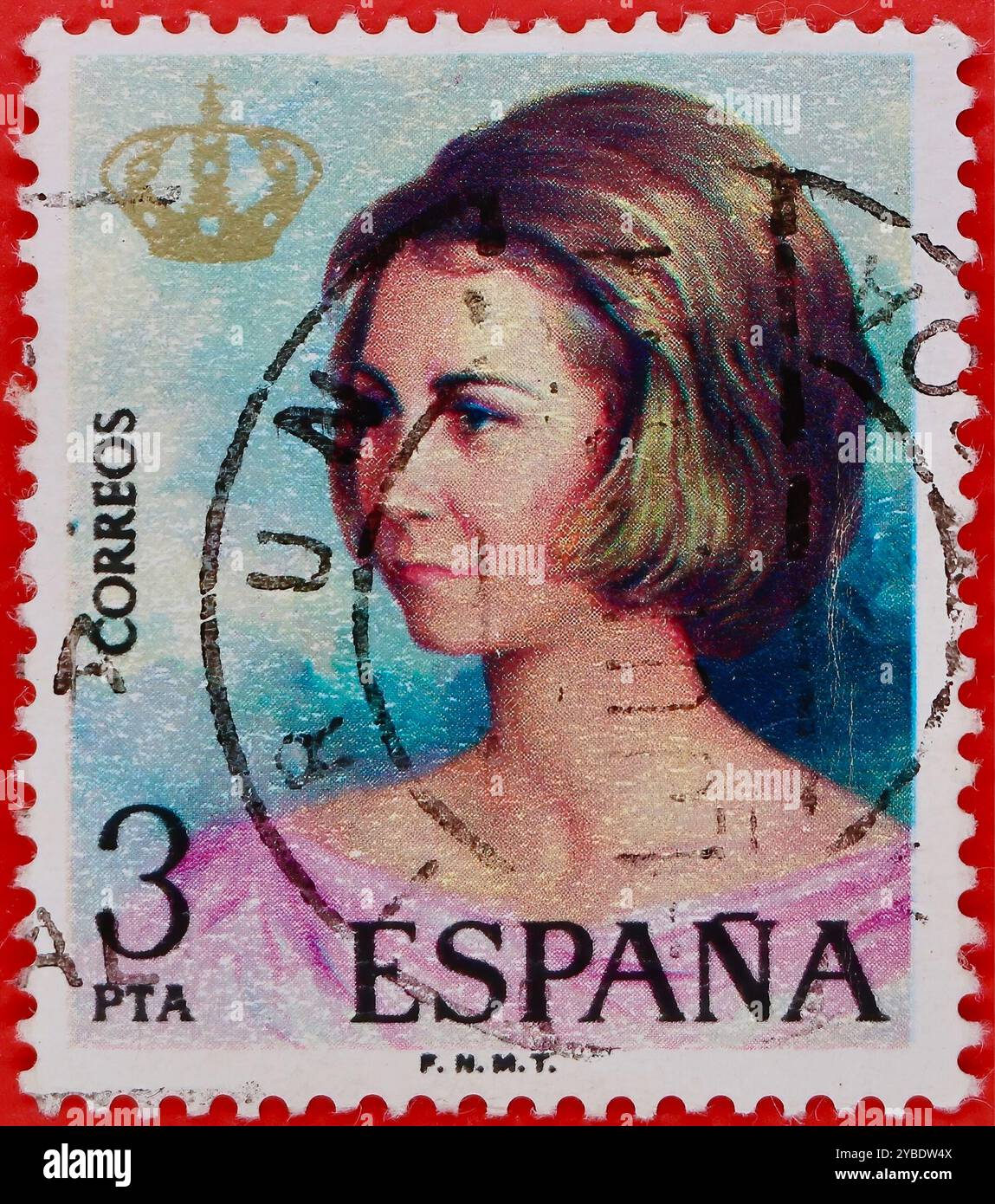 Foto einer spanischen Briefmarke mit 3 Peseten mit einem Bild der Königin Sofía von Spanien aus dem Jahr 1975, in dem der König von Spanien ausgerufen wurde Stockfoto