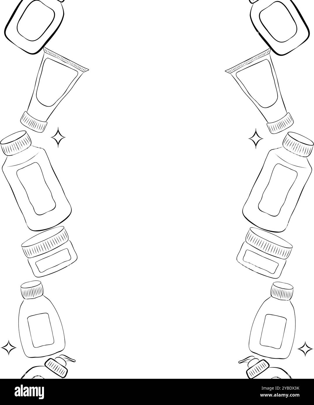 Nahtloser vertikaler Rahmen aus handgezeichneten Linien, Spa, Kosmetik, Kosmetik, Kosmetik, Selbstpflegeelemente. Illustration für Schönheitssalon, Kosmetikgeschäft, m Stock Vektor