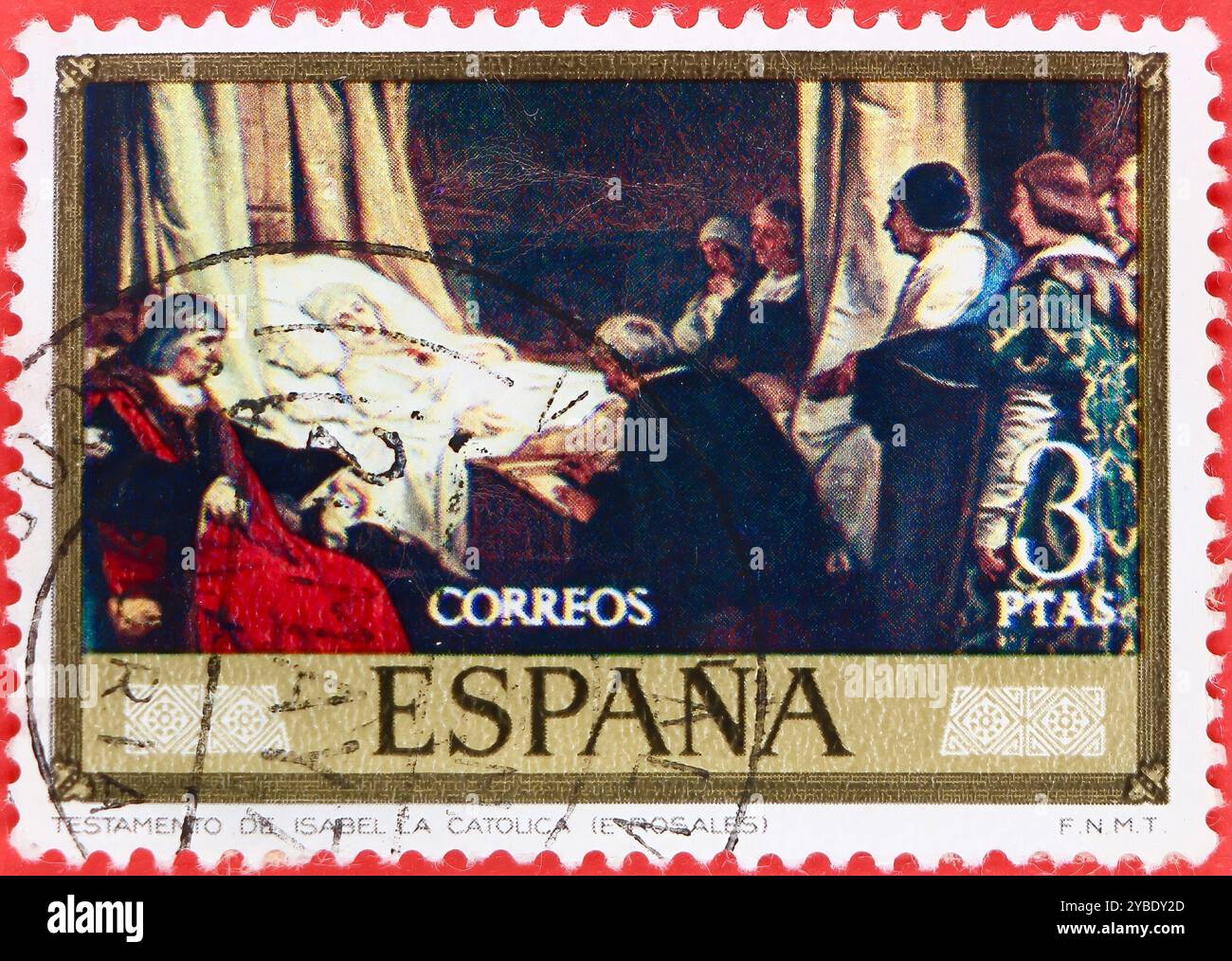 Foto einer gestempelten 3 spanischen Pesetas Briefmarke mit einem Gemälde Testament der Katholischen Isabella von Eduardo Rosales Gedenkstempel Tag Stockfoto