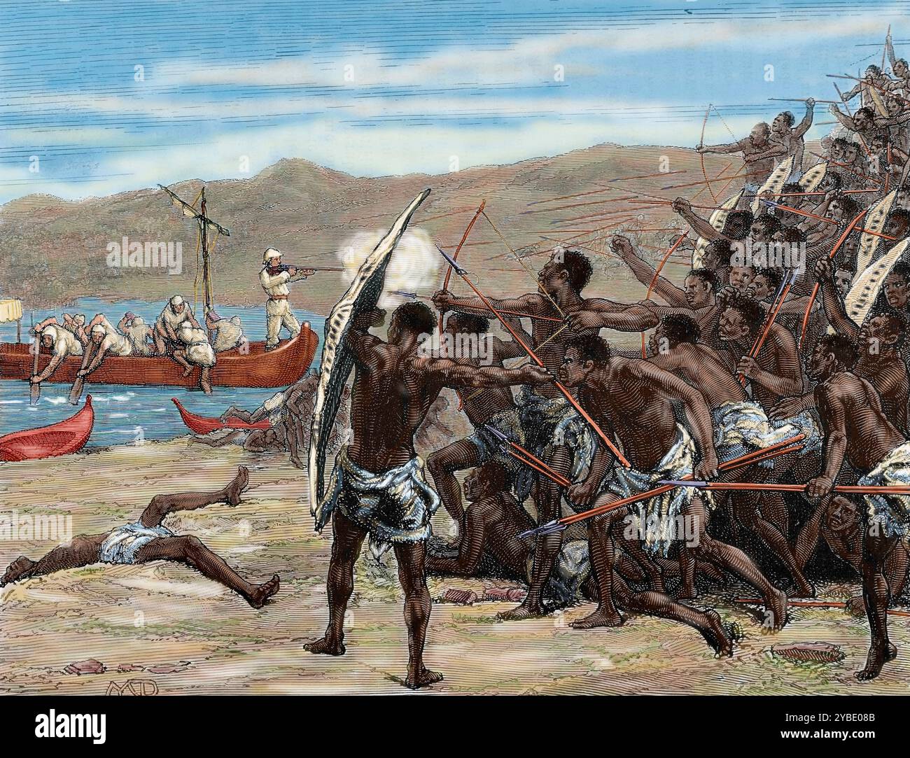 Entdecker, die sich mit Eingeborenen von Bumbireh Island, Afrika, 1870er Jahre, (1880) auseinandersetzen. Der britische Entdecker und Missionar David Livingstone an Bord seines tragbaren Bootes „The Lady Alice“. (Farbiger Schwarzweiß-Druck). Stockfoto Entdecker, die sich mit Eingeborenen von Bumbireh Island, Afrika, 1870er Jahre, (1880) auseinandersetzen. Der britische Entdecker und Missionar David Livingstone an Bord seines tragbaren Bootes „The Lady Alice“. (Farbiger Schwarzweiß-Druck). Stockfoto