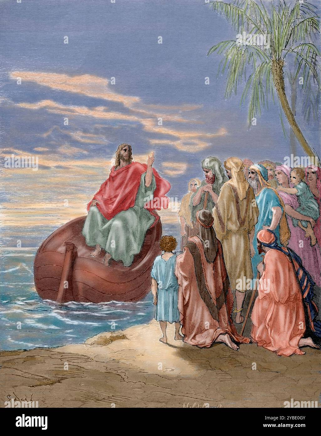 Jesus predigte im Meer von Galiläa, 19. Jahrhundert. Biblische Szene. Verse 1-3, Kapitel IV, Lukasevangelium, Neues Testament. (Farbiger Schwarzweiß-Druck). Stockfoto