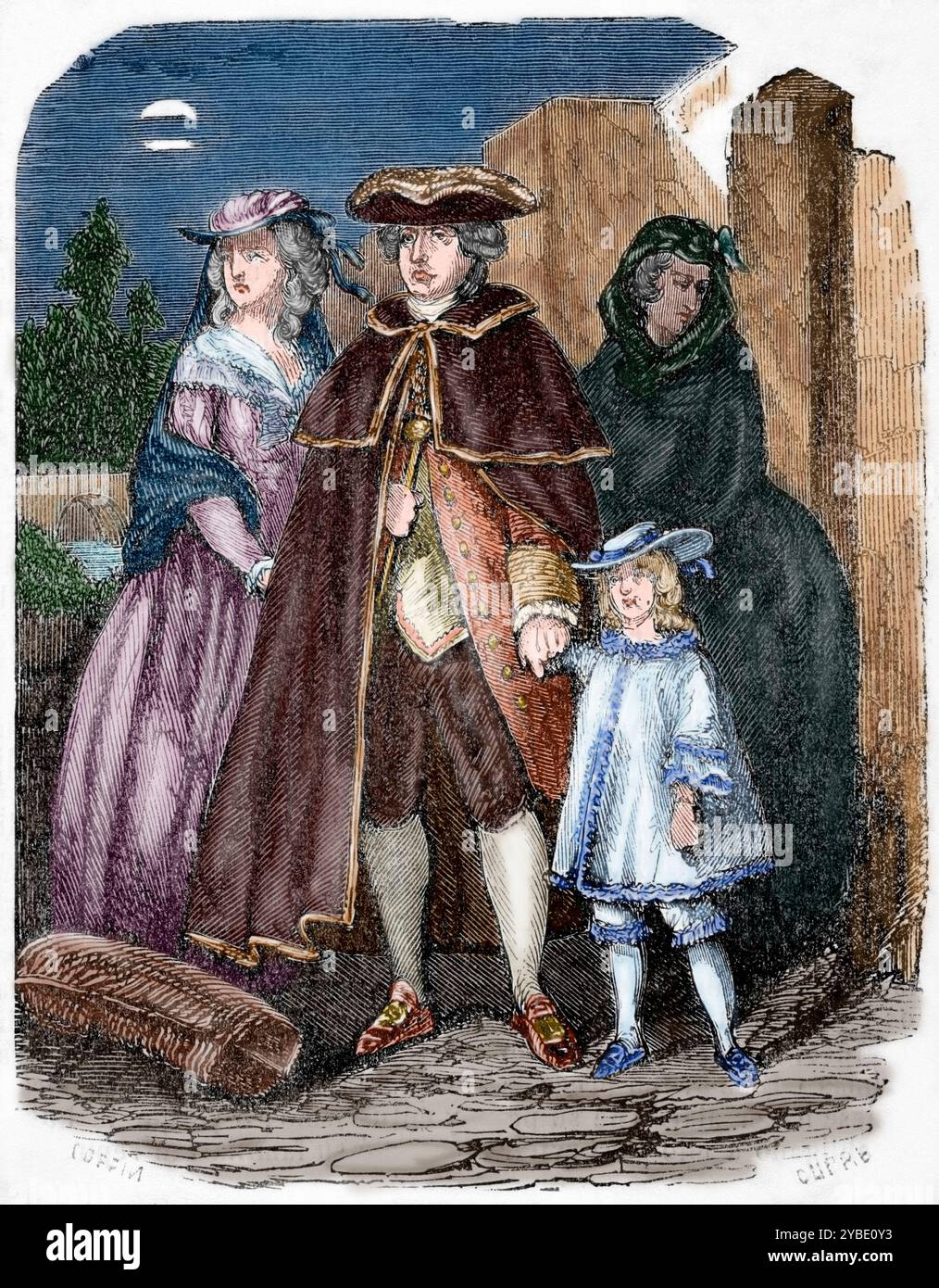 Flucht Ludwigs XVI. Und seiner Familie, 1791, (1851). Die Flucht des französischen Königs Ludwig XVI. (1754–1793) und seiner Familie während der Französischen Revolution (1789–1799). Aus Der Universalbibliothek. Beliebte Ausgaben, 1851. (Farbiger Schwarzweiß-Druck). Stockfoto