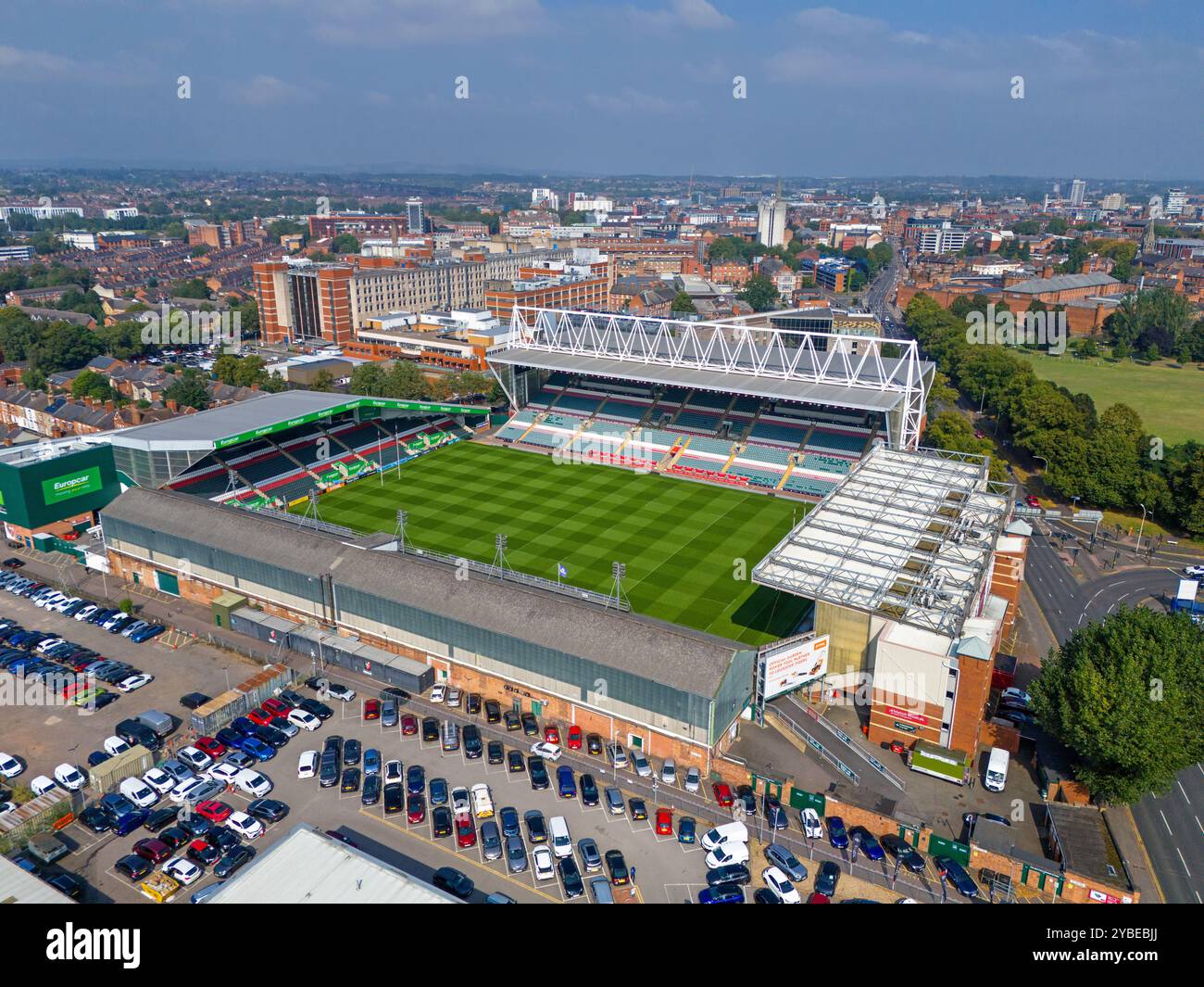 Welford Road Stadium, Heimstadion des Leicester Tigers Rugby Club. Luftbild. September 2024. Stockfoto