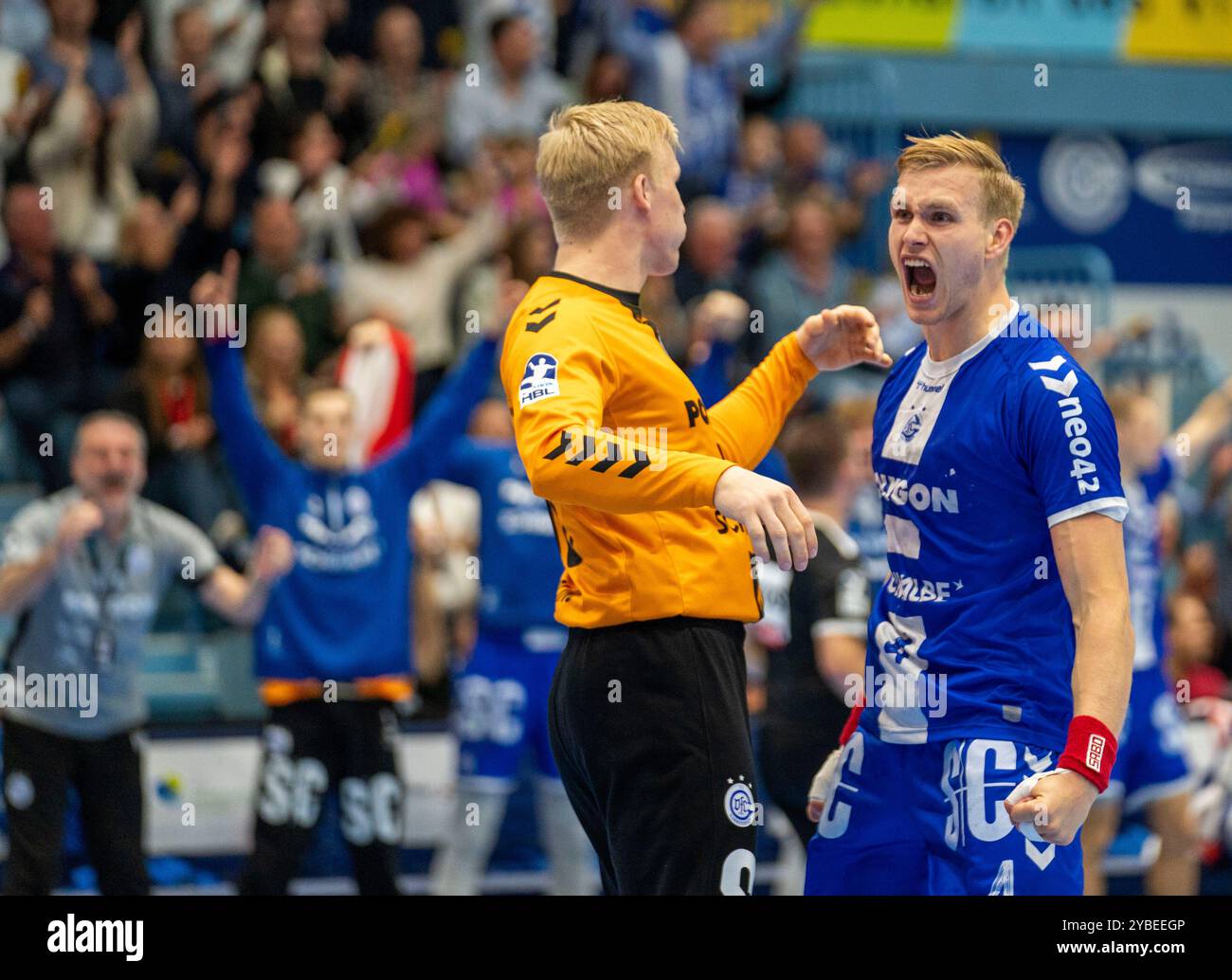 Gummersbach, Deutschland. Oktober 2024. Ellidi Vidarsson (VfL Gummersbach, Nr. 4) re. Jubelt mit Bertram Obling (VfL Gummersbach, #16) VfL Gummersbach - ThSV Eisenach, 18.10.2024, Handball Daikin HBL Handball Bundesliga, 7. Spieltag Credit: dpa/Alamy Live News Stockfoto