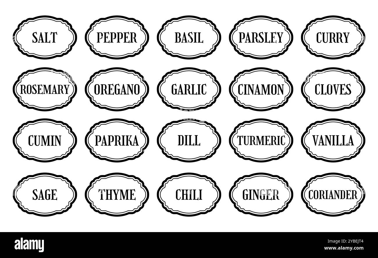 Klassisches oder traditionelles Set aus der Kollektion „Gewürz-Label-Emblem“ in Schwarz und weiß Stock Vektor