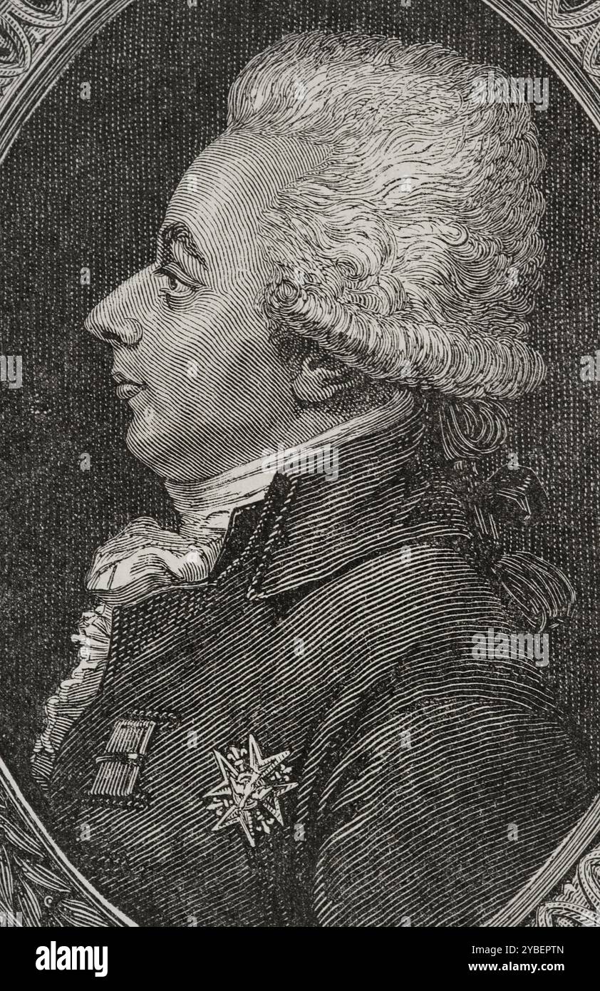 Alexandre Frédéric de La Rochefoucauld (1747–1827), Herzog von Liancourt und Herzog von La Rochefoucauld (1792). Französischer Adliger und Offizier. 1789 wurde er in den Generalstand gewählt, wo er erfolglos versuchte, die Monarchie zu unterstützen und gleichzeitig soziale Reformen zu fördern. Hochformat. Zeichnung von Hippolyte de la Charlerie. Stich von Pannemaker. "Geschichte der Französischen Revolution". Band I, 1876. Stockfoto