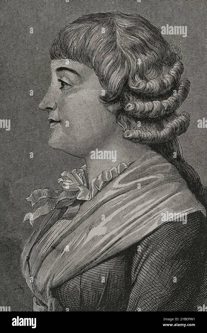 Madame Roland (Marie-Jeanne Roland de la Platière) (1754-1793). Französischer Revolutionär. Sie wurde während der Herrschaft des Terrors zur Guillotine verurteilt. Hochformat. Gravur. "Geschichte der Französischen Revolution". Band I, 1876. Stockfoto