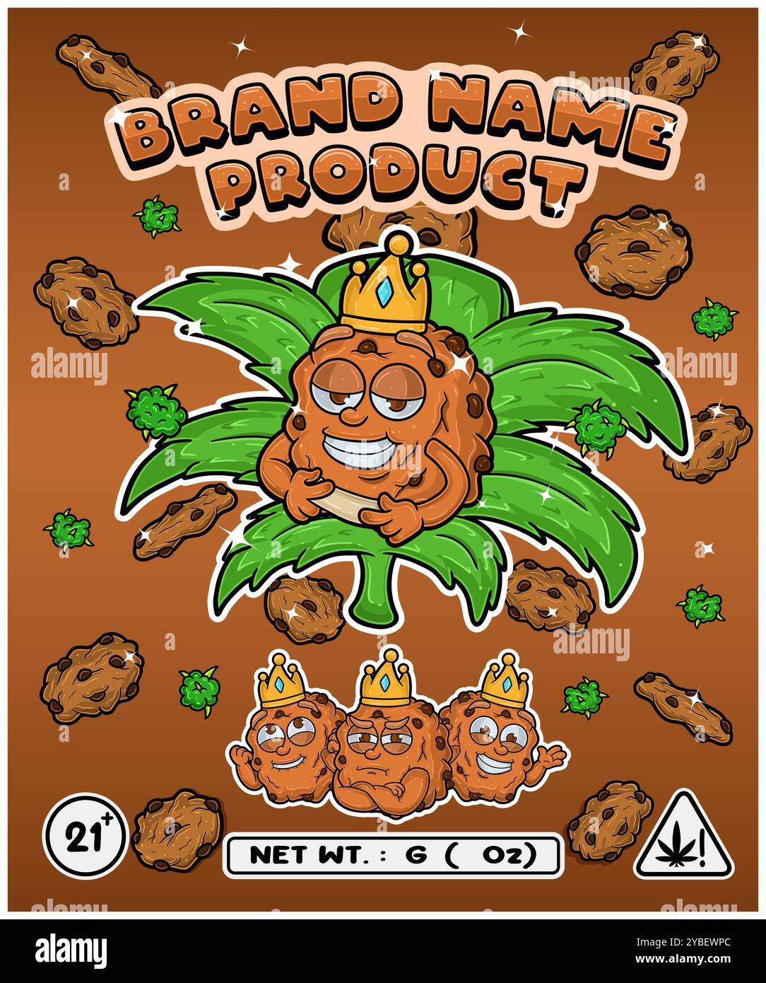 Cartoon-Kekse mit Cannabisblatt, entworfen für Logo, Etikett oder Verpackung. Produktmarkierung in der Cannabisindustrie, insbesondere für essbare Produkte, o Stock Vektor