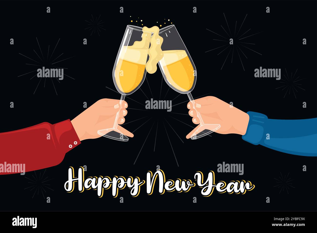 Silvester Champagner Toast mit vier Gläsern, Vector Stock Vektor