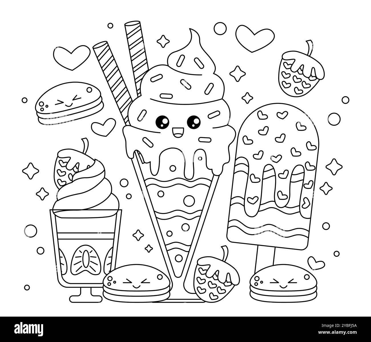 Ausmalseite für Dessert. Eiscreme, Waffelstäbchen und Kekse. Dessert und Delikatesse. Intellektuelle Spiele für Kinder, Entwicklung von Kinderkreativen Stock Vektor