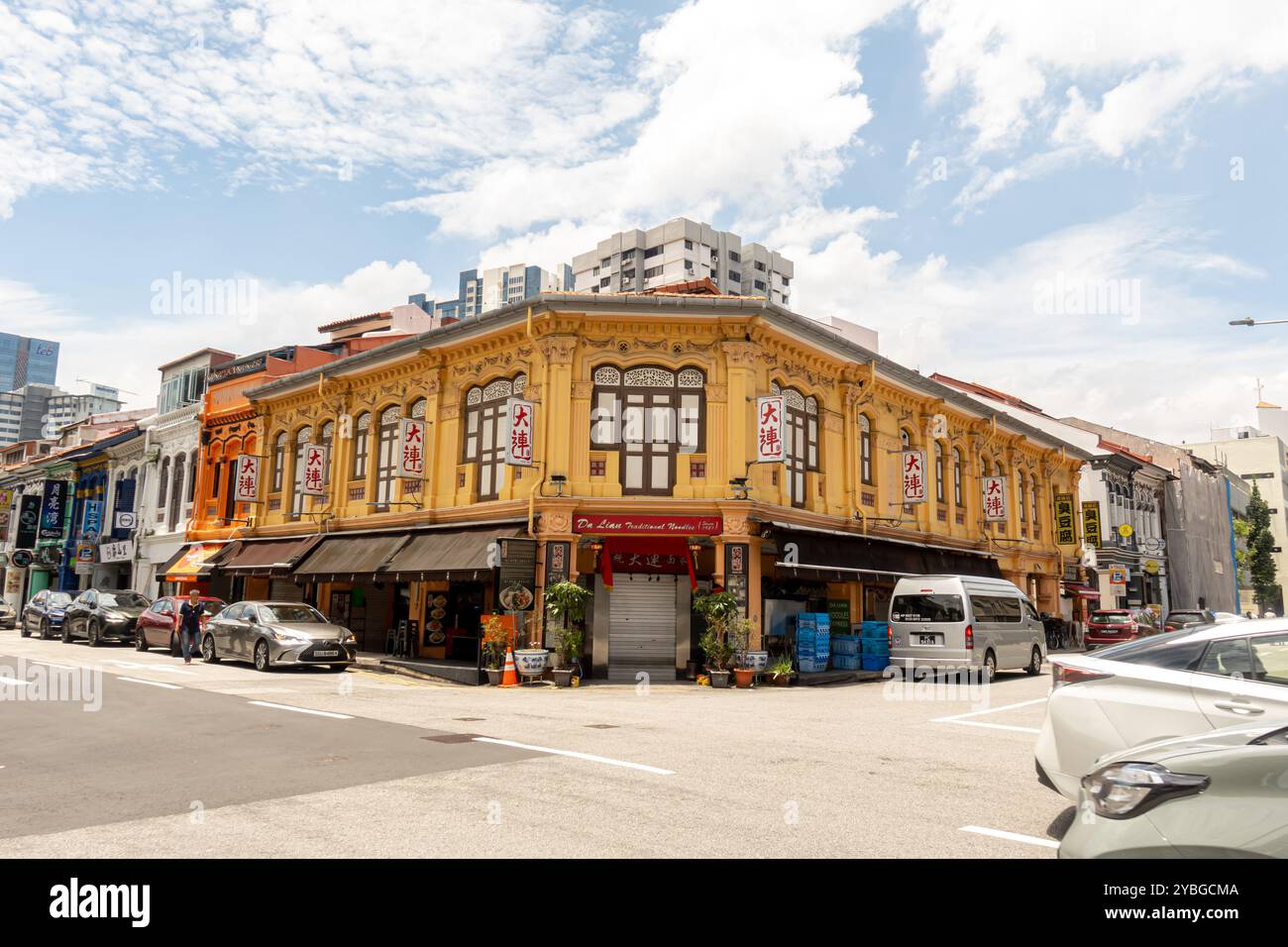 Singapure, Little India, Shophouse an der Kreuzung von Ed Alwi Road und Townshend Road Stockfoto