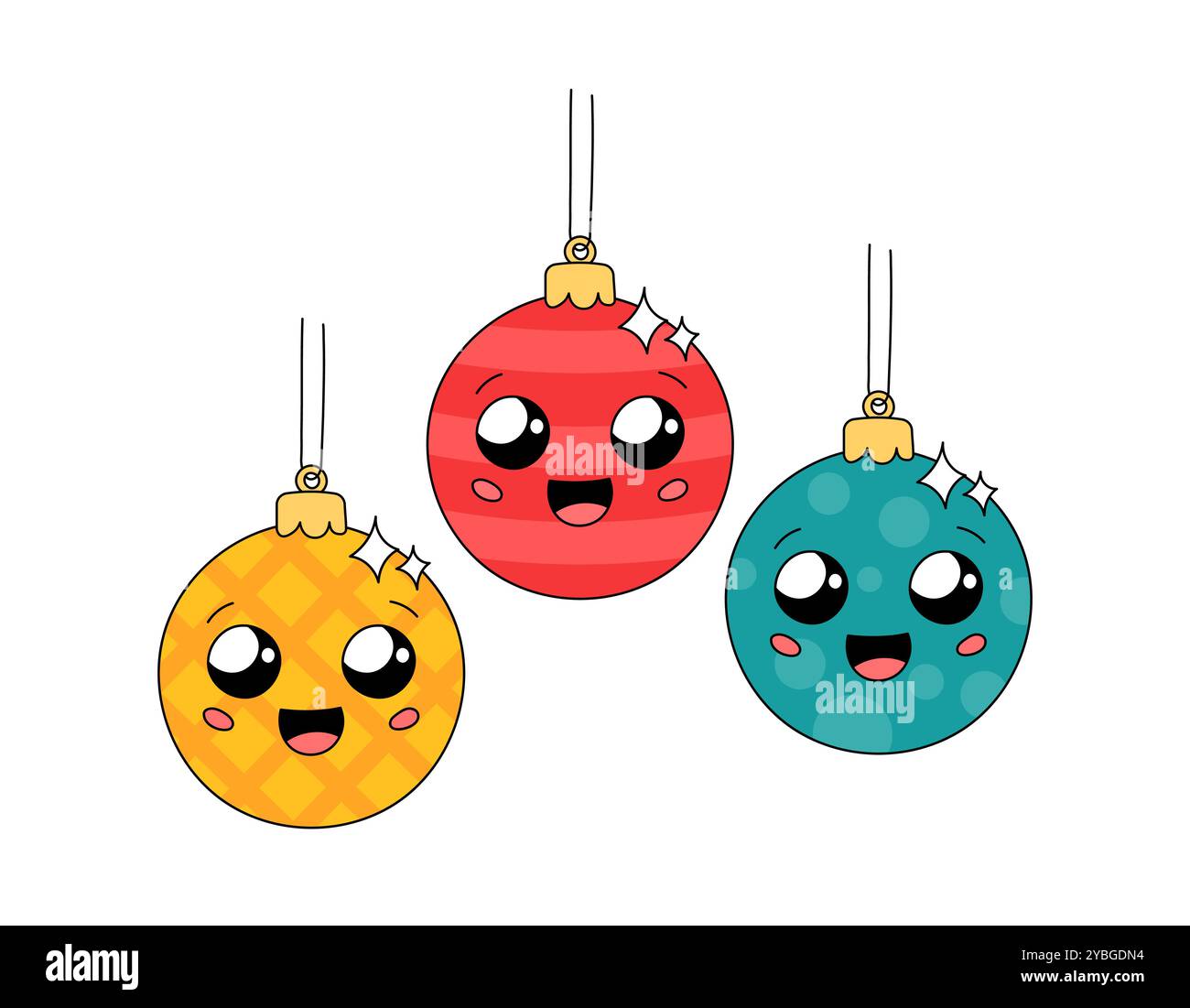 Entzückende Weihnachtsbaumschmuck mit fröhlichen Gesichtern. Nette lächelnde Kugeln setzen Vektor-Illustration. Kritzele Weihnachtsdekorationen, fröhliche Charaktere Stock Vektor