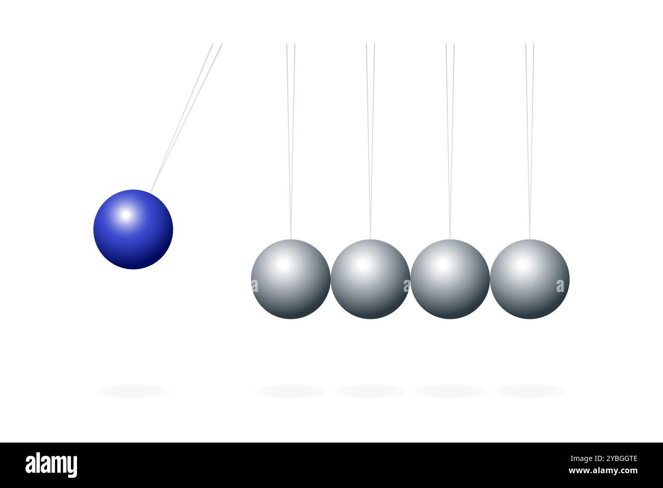 Newtons Wiege mit blauer Kugel. Gerät, das die Prinzipien der Impulserhaltung und Energieerhaltung in der Physik demonstriert. Stockfoto