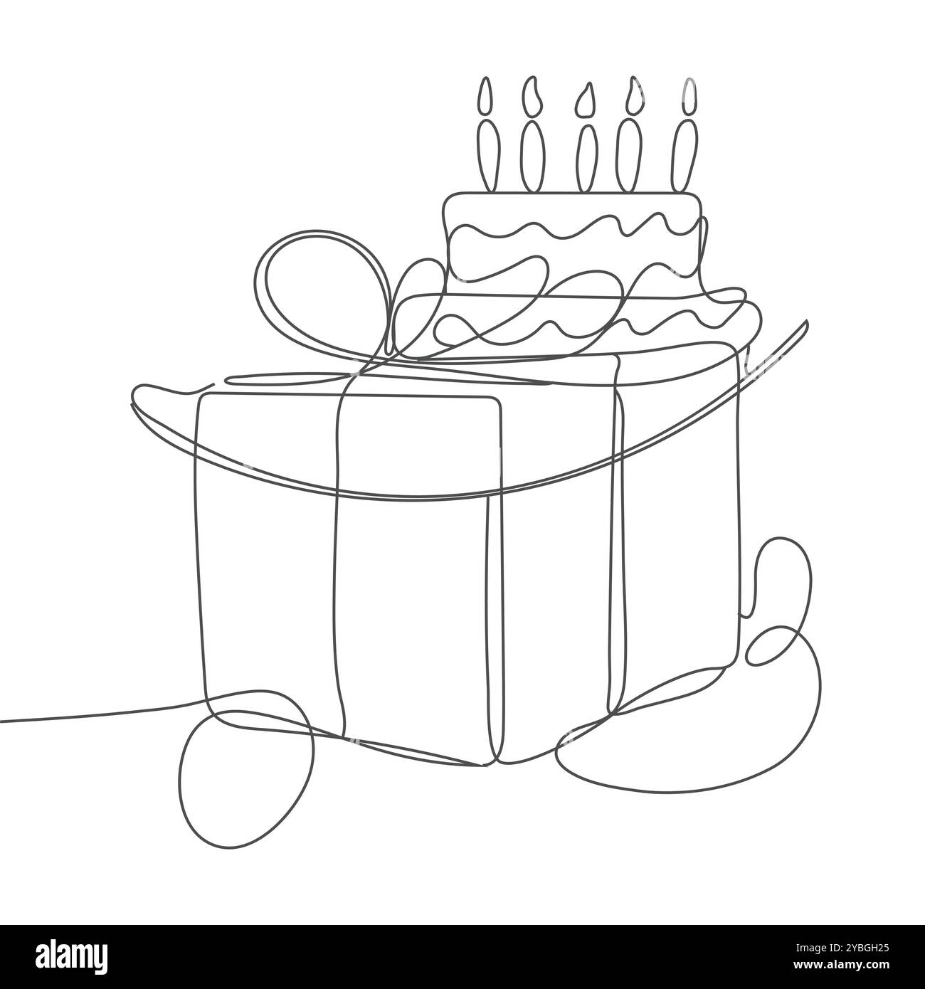 Geschenkbox mit durchgehender einzeiliger Zeichenvorlage und Partykonzept. Bday präsentiert Karton- oder Bannerschablone mit Happy Birthday Typografie Stock Vektor