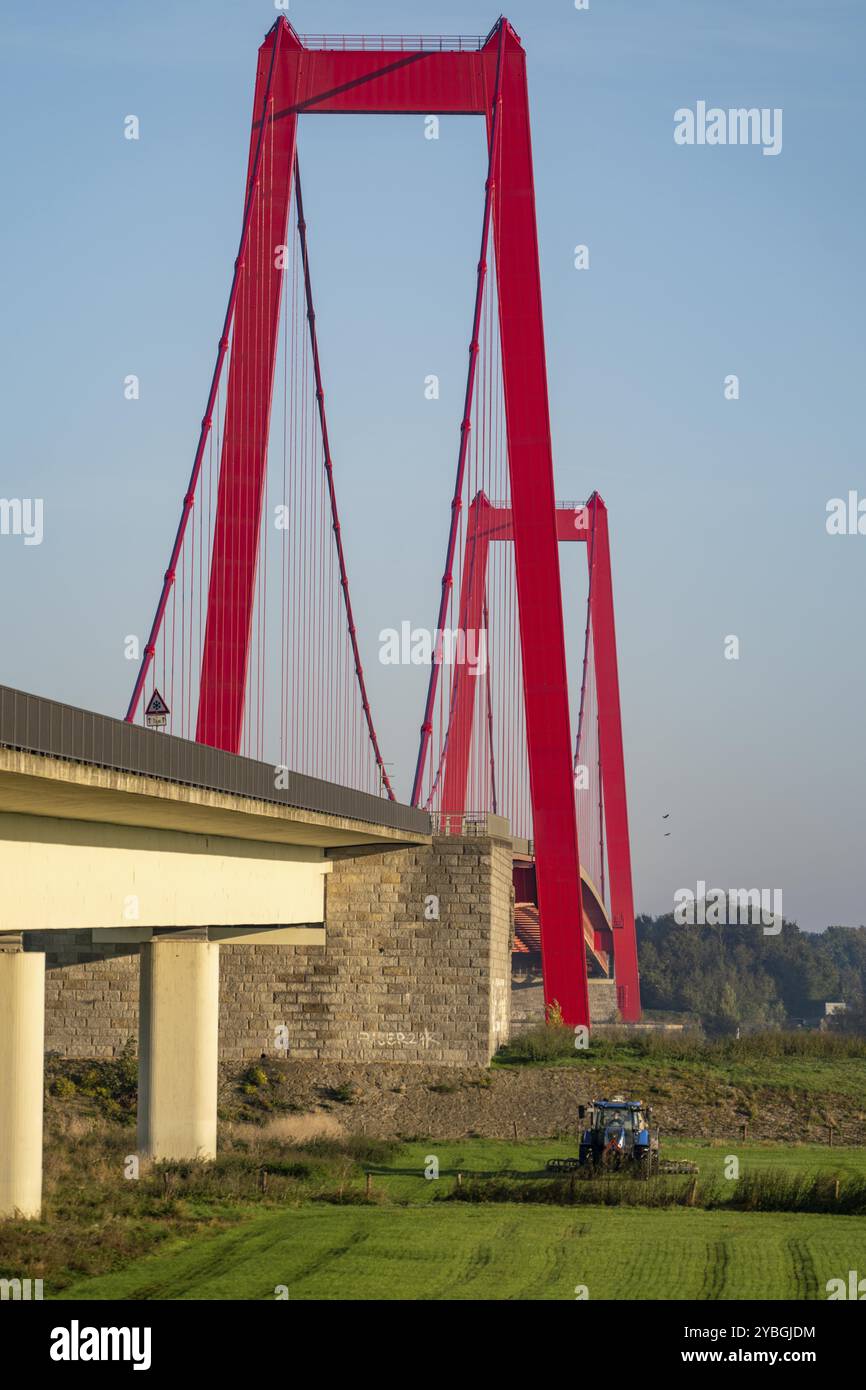 Die Rheinbrücke Emmerich, Bundesstraße B220, längste Hängebrücke Deutschlands, wird derzeit saniert, Brückenschaden, Landwirt mit Traktor b Stockfoto