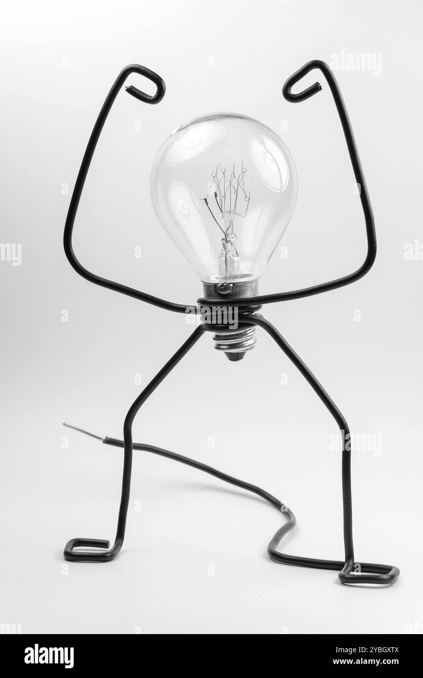 Emotionale Fantasiefigur eine Glühbirne transparent und schwarz elektrische Leitungen Stockfoto