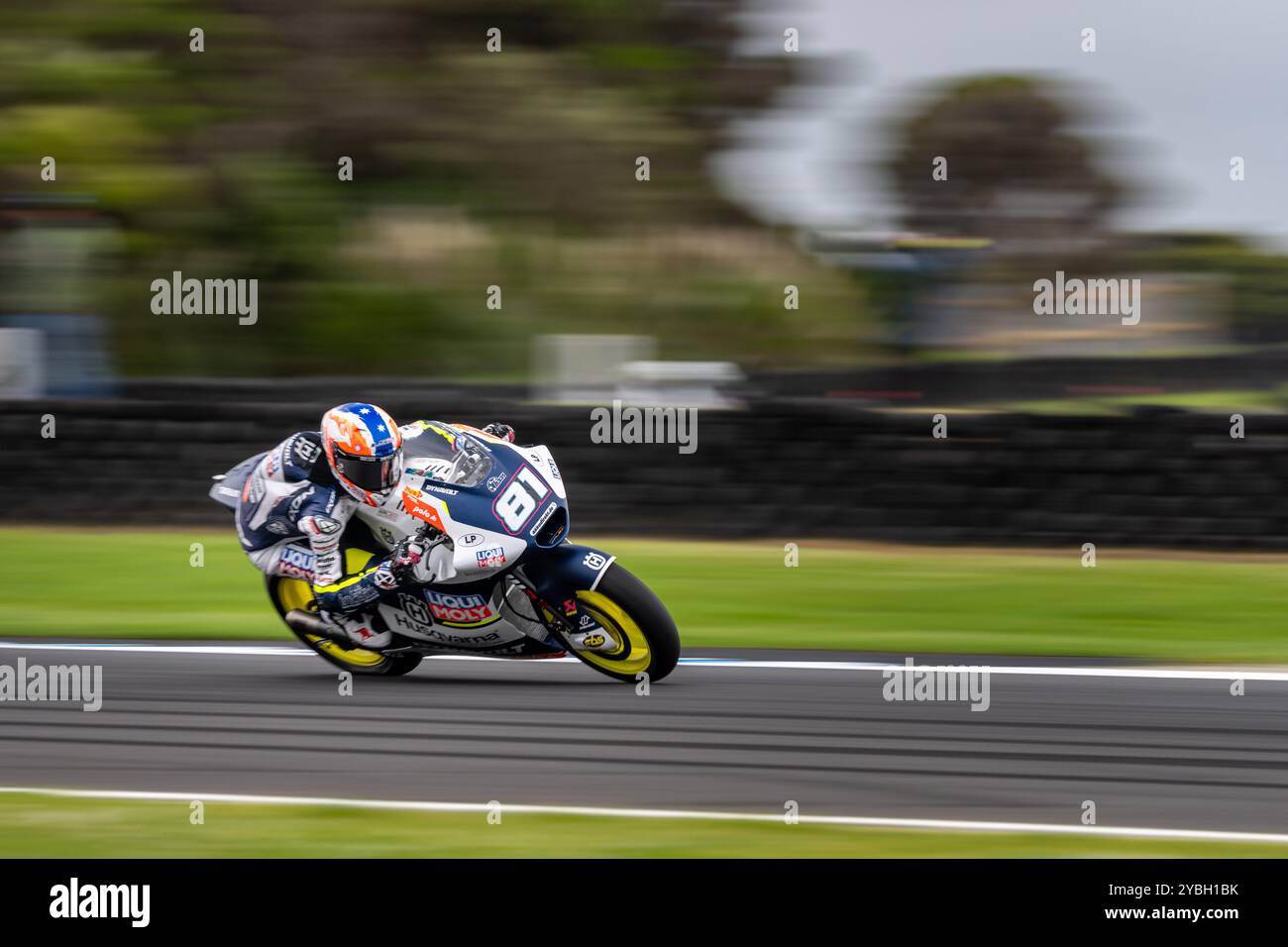 Phillip Island, Victoria, Australien. Oktober 2024. Moto2 Liqui Moly Husqvarna Intact GP-Fahrer SENNA AGIUS (81), der am Samstag beim Qatar Airways Australian Motorcycle Grand Prix 2024 im Qualifying 1 zum 6. Sibirien wird. (Kreditbild: © James Forrester/ZUMA Press Wire) NUR REDAKTIONELLE VERWENDUNG! Nicht für kommerzielle ZWECKE! Stockfoto