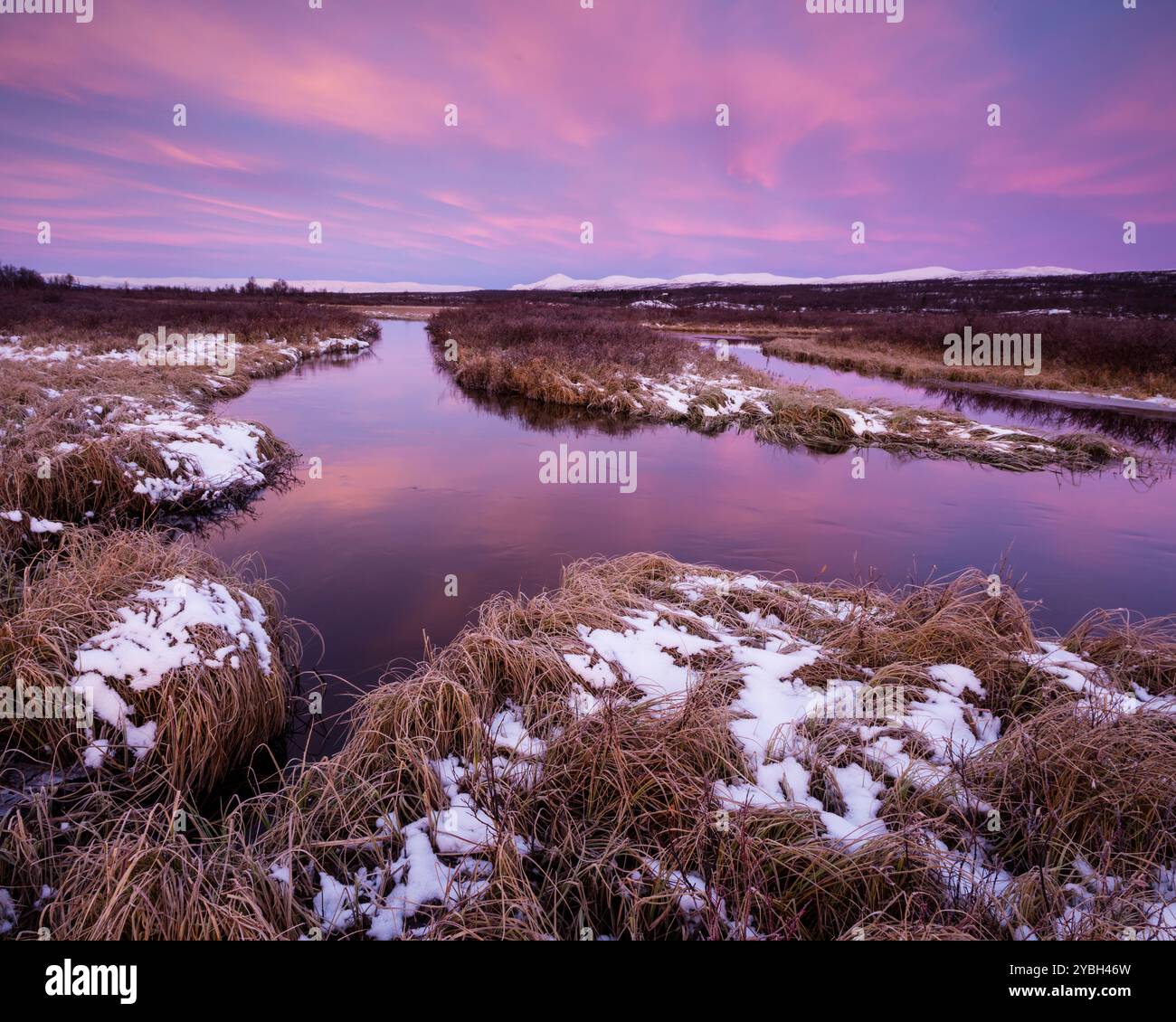 Erster Schnee und Licht am frühen Morgen im Naturschutzgebiet Fokstumyra, Dovrefjell, Dovre kommune, Norwegen, Skandinavien. Stockfoto
