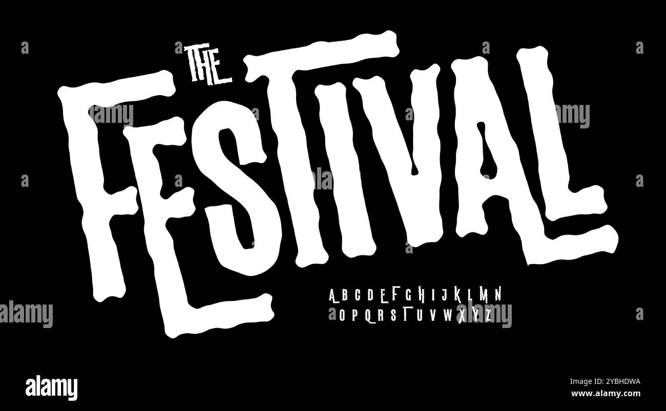 Aufrührerische, unverschämte Schriftart, grobe Buchstaben, Punkfest-Schriftart für alternative Musikfestivals, dynamisches Poster für Rockkonzerte, verzerrte Headline, Wild Stock Vektor