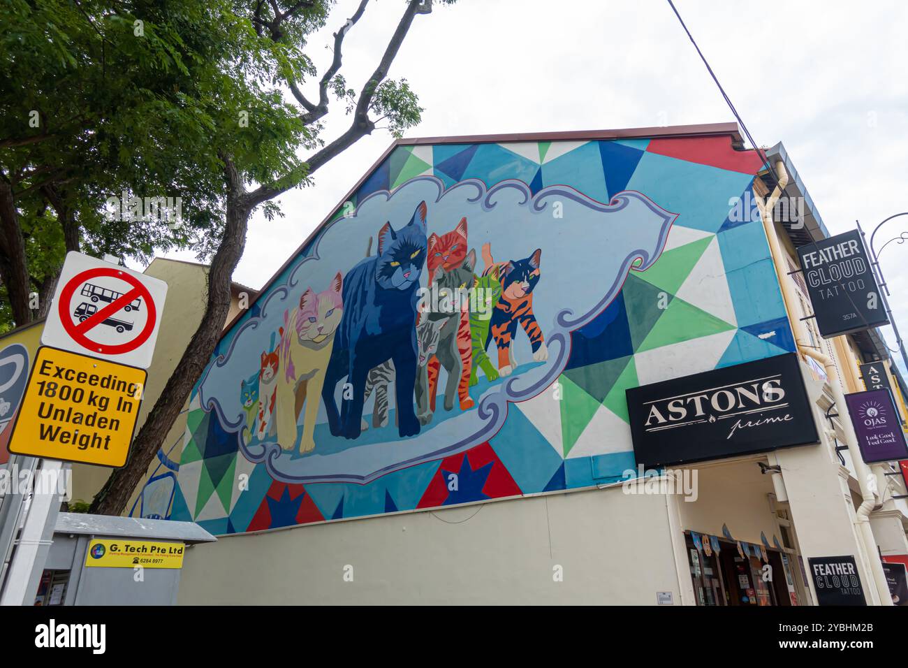 Wandbild mit Katzen, Singapur, Joo Chiat District Stockfoto