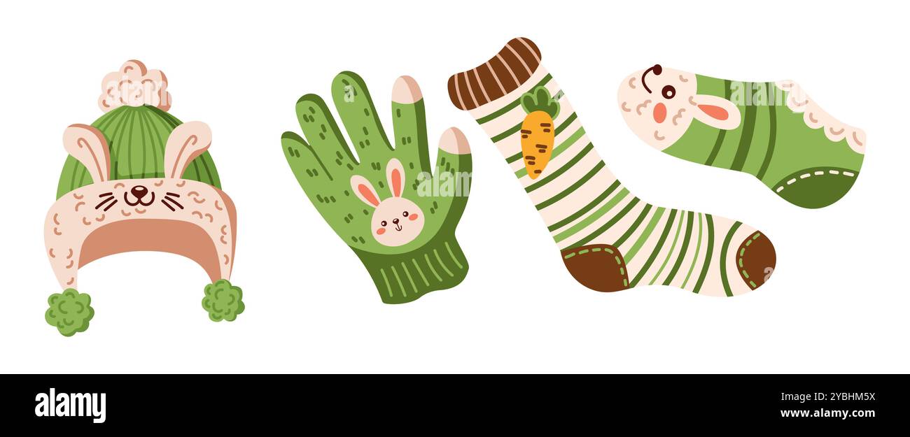 Nette Winterkleidung mit Häschen Dekor flache Vektor-Objekte Set Stock Vektor