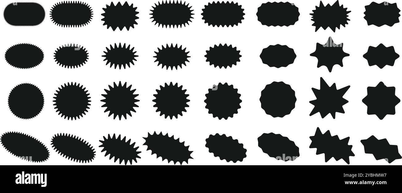 Sonnenaufkleber Formen. Abgerundetes Zickzack-Emblem mit Starburst, ovales, kreisförmiges und sternförmiges Preisschild, Rabatt- und Verkaufsetiketten. Gezackt Stock Vektor