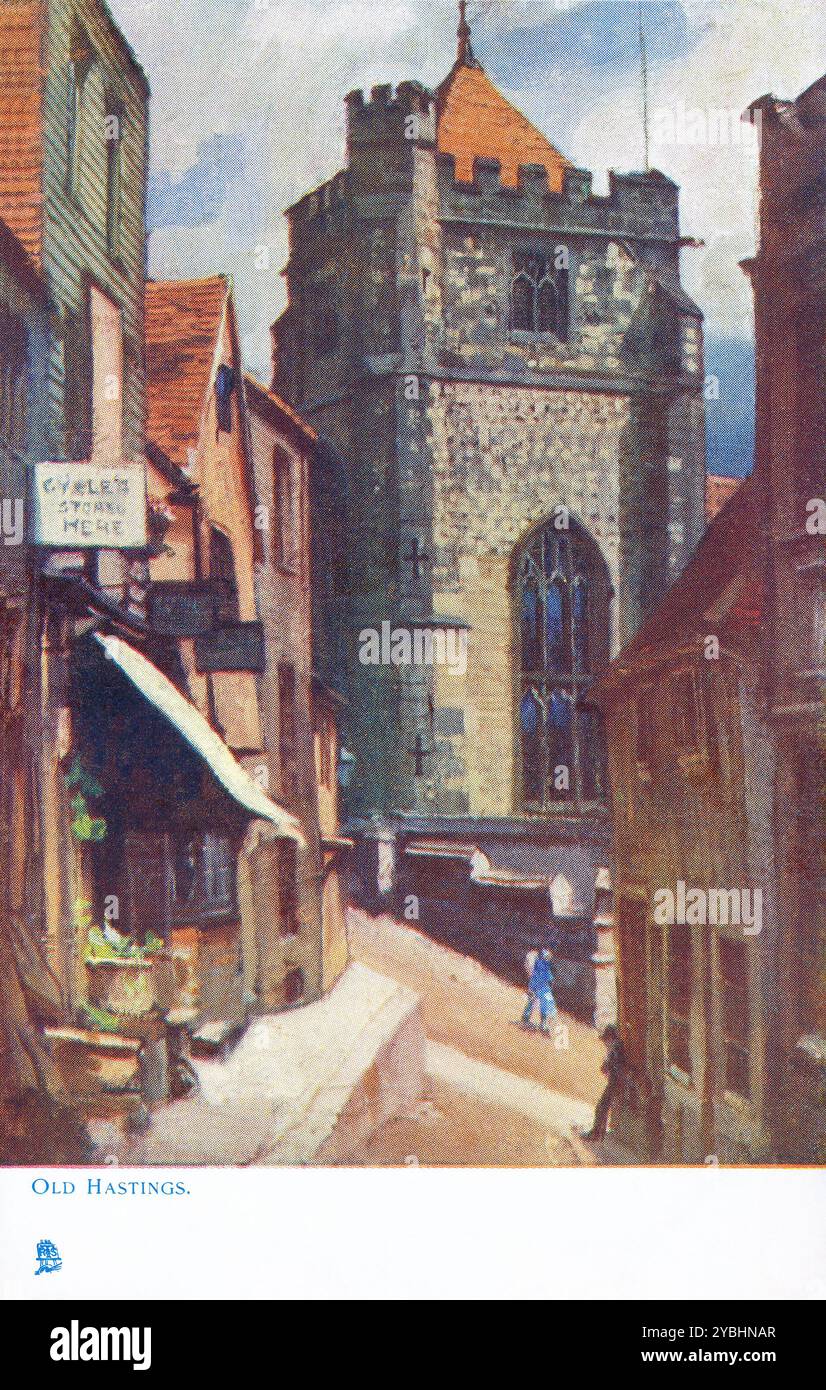 Vintage-Postkarte aus der edwardianischen Ära der Stadt Hastings in East Sussex, England. Der Turm ist Teil der St. Clements Kirche in der Altstadt. Stockfoto