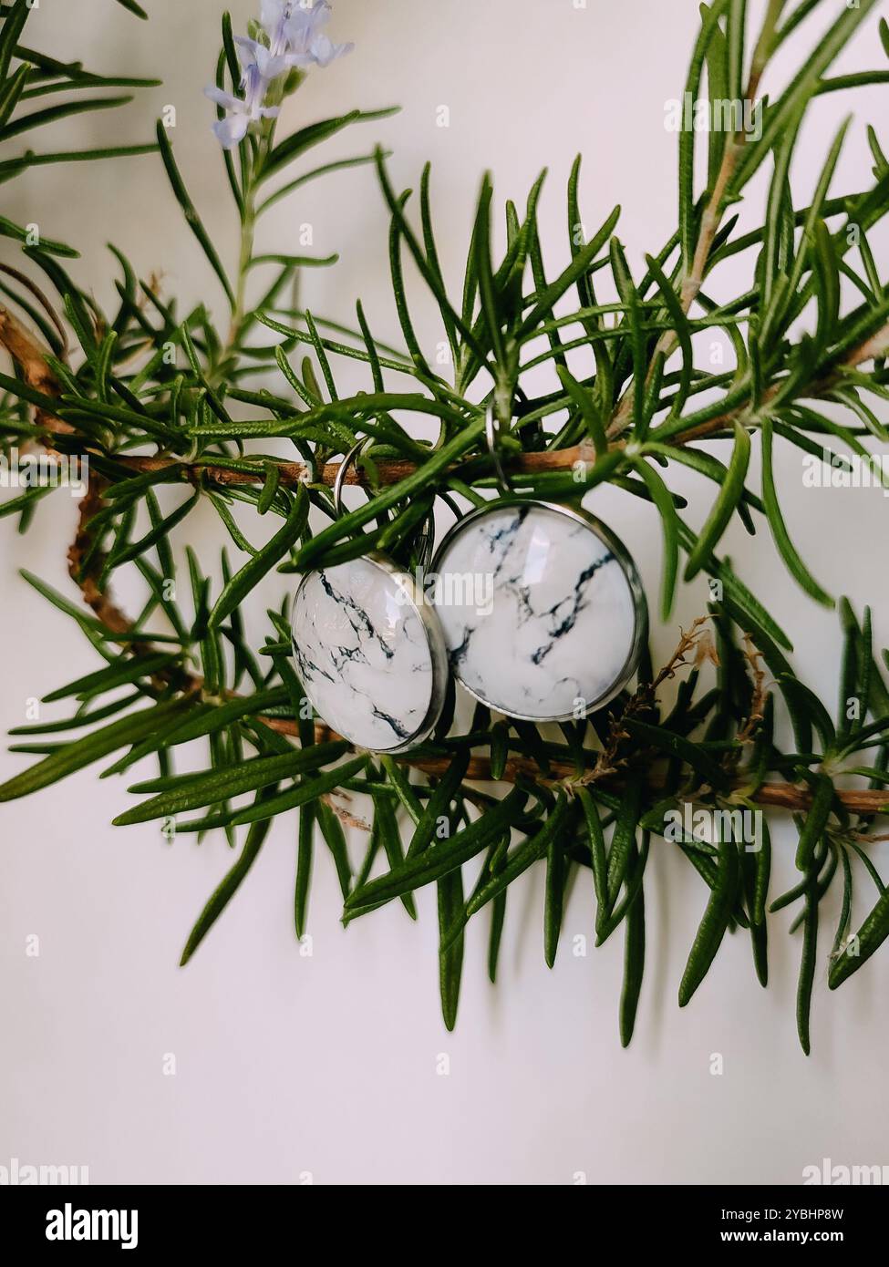 Handgefertigte Harz runde Marmor Textur Stein Ohrringe transparente Oberfläche am grünen Rosmarinzweig. Naturinspirierter Schmuck, handgefertigter Silberschmuck - Smartphone-aufgenommenes Stockfoto