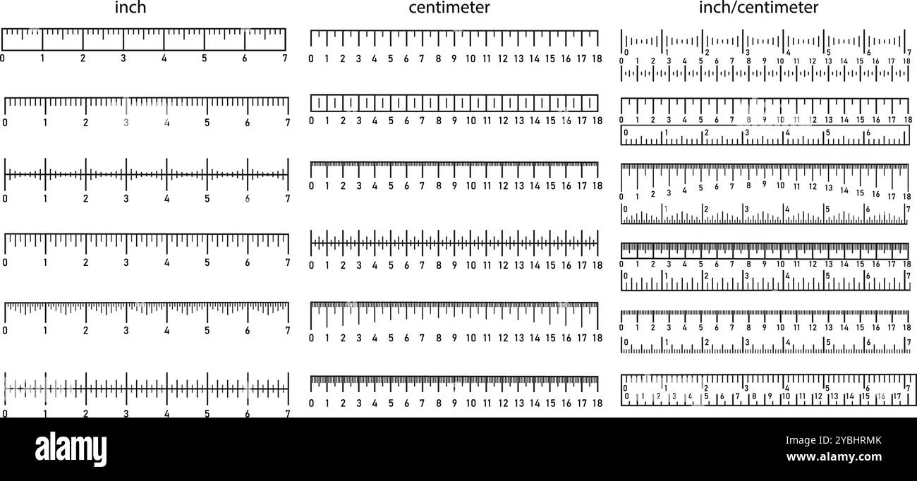 Maßskalen für Lineale. Zoll-, Zentimeter- und gemischte Lineale, präzise metrische und zöllige Skalen. Horizontaler Meter-Abstand oder Skalierung, Größe Stock Vektor