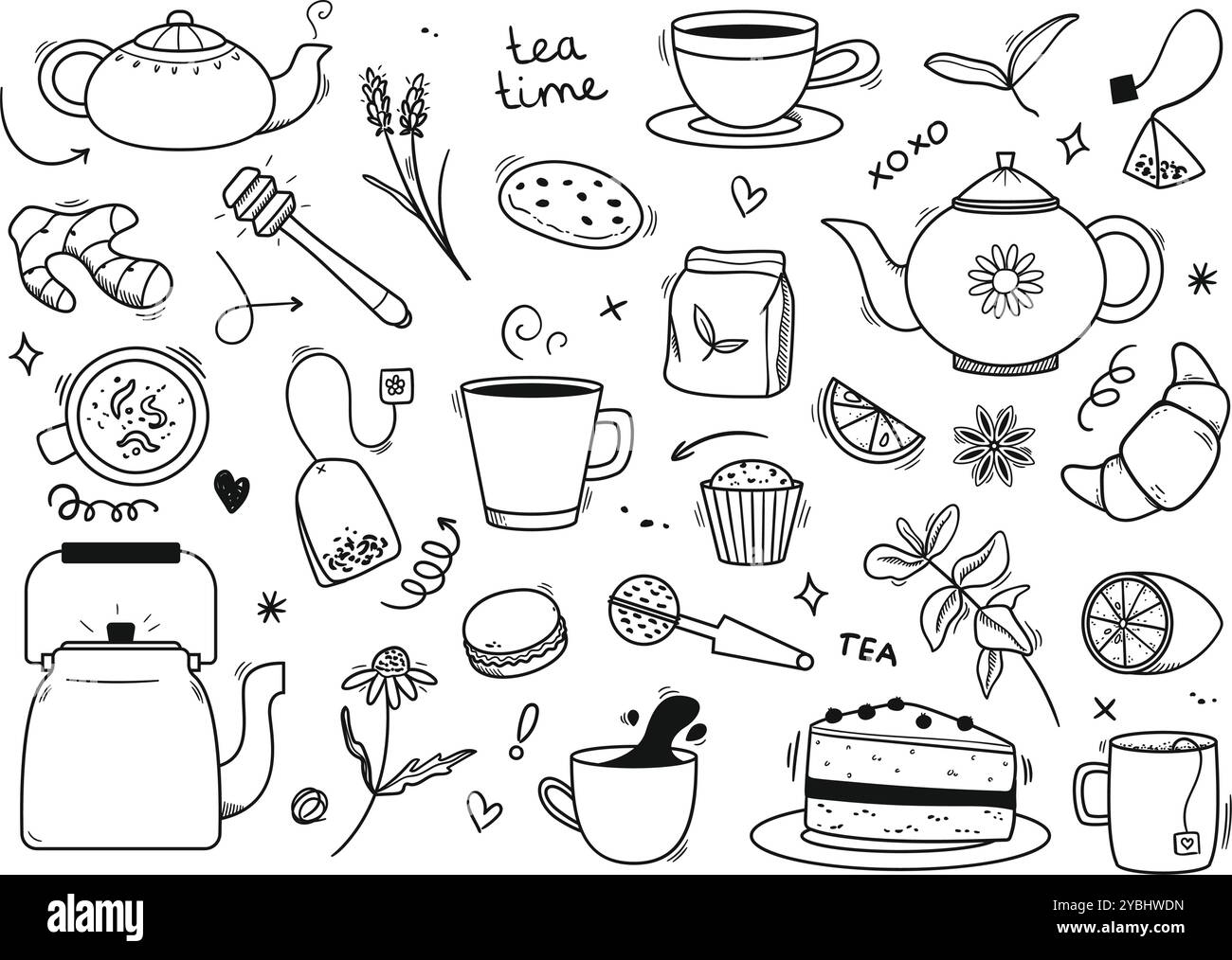 Doodle Tea. Handgezeichnete Teekannen, gemütliche Tassen und Tassen mit Heißgetränken, süße Desserts und Kulturelemente für Teezeremonien. Verspieltes Branding für Teekaffee Vektor Stock Vektor