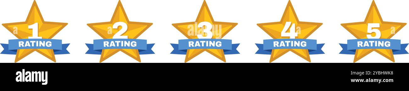 Sterneabzeichen. Fünf goldene Sterne-Aufkleber für Feedback zur Kundenzufriedenheit mit Band, Qualitätsbewertung und Service-Rate-Emblem. Vektor Stock Vektor