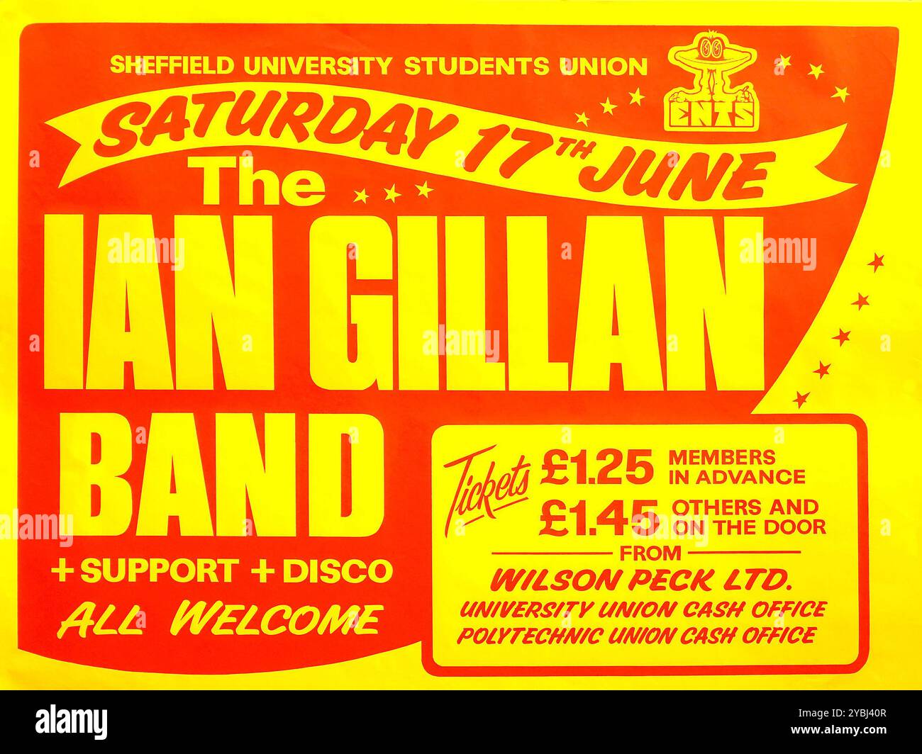 Konzertposter der Ian Gillan Band. Sheffield Students Union 17. Juni 1978. Dazu gehörten Ian Gillan Vocals, Ray Fenwick Gitarre, Colin Towns Keyboards, John Gustafson Bass, Mark Nauseef Schlagzeug. Tickets für 1,25 £ im Voraus oder 1,45 £ an der Tür. Dies war die letzte Tour des Jazz Rock Line-ups der Gruppe. Stockfoto