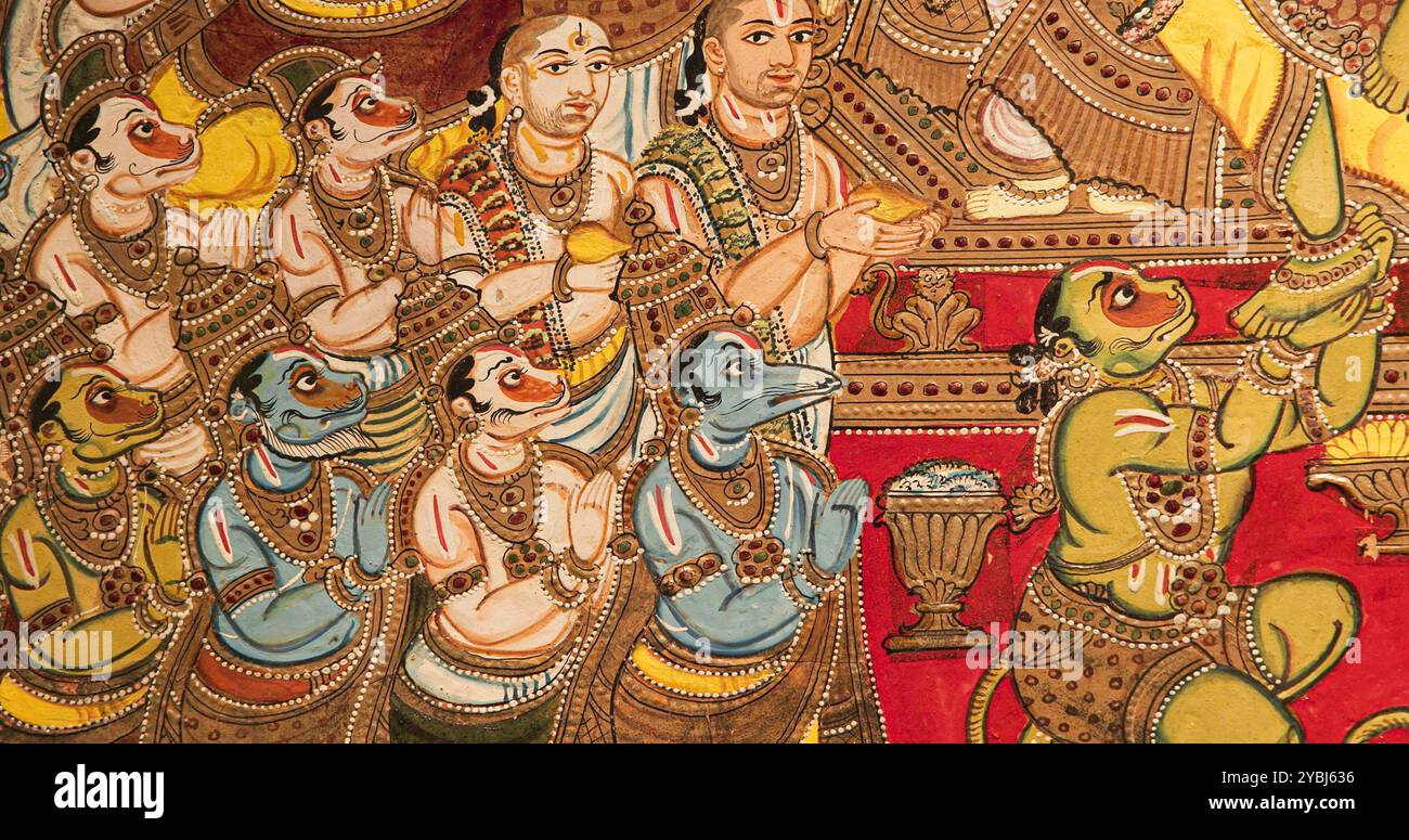 Nahaufnahme eines Teils des Ramapattabhisheka Tableau. Die Szene Hat Rama Und Sita Auf Dem Thron, Während Hanuman Kniet Und Lord Ramas Rechten Fuß Unterstützt. Das Paar Ist Stockfoto