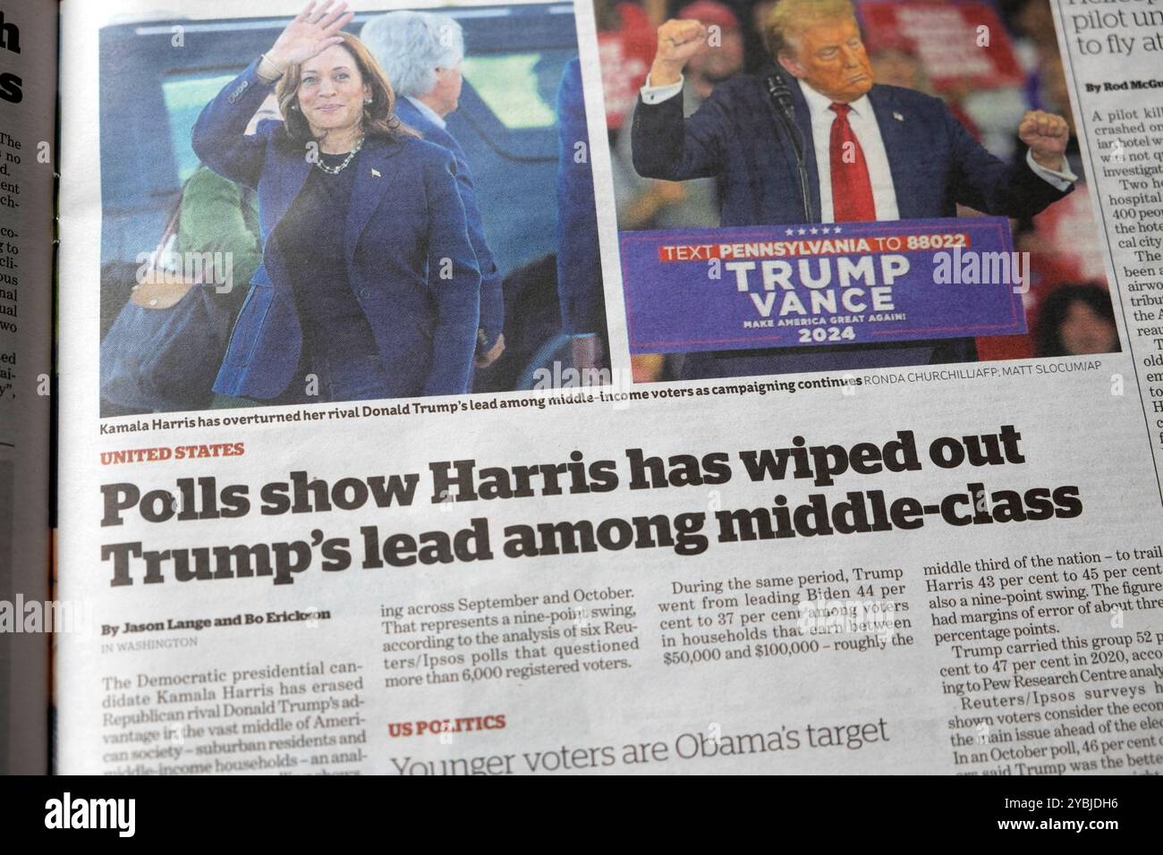 US-AMERIKANISCHE "Umfrageshow (Kamala) Harris hat (Donald) Trumps Führung unter der Mittelschicht vernichtet" i Zeitungswahl artikel 11 Oktober 2024 London Großbritannien Stockfoto