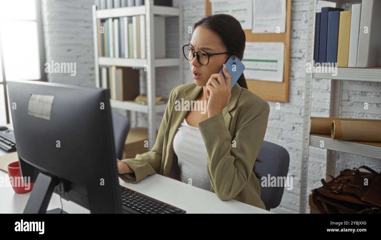 Junge, asiatische Frau, die am Schreibtisch telefoniert, mit Computer in Innenräumen, Arbeitsplatz mit Brille und grünem Blazer in einem modernen Zimmer Stockfoto