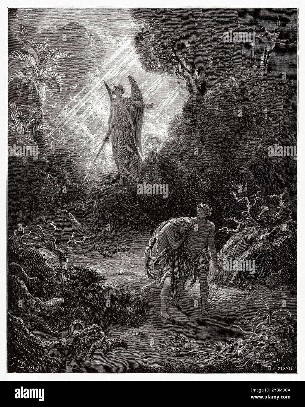 Gott treibt Adam und Eva aus dem Garten Eden (1. Mose 3,22-24). Antike Bibelillustration von Gustave Dore (1832–1883) Stockfoto