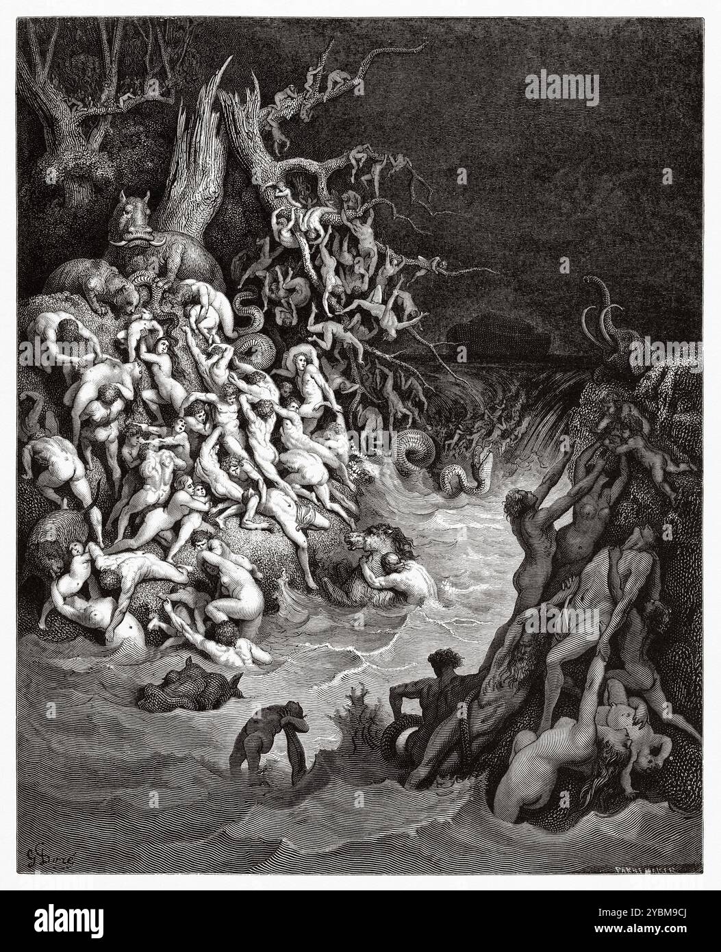 Das Wasser überflutete die Erde für hundertfünfzig Tage (1. Mose 7,24) Altes Testament. Antike Bibelillustration von Gustave Dore (1832–1883) Stockfoto