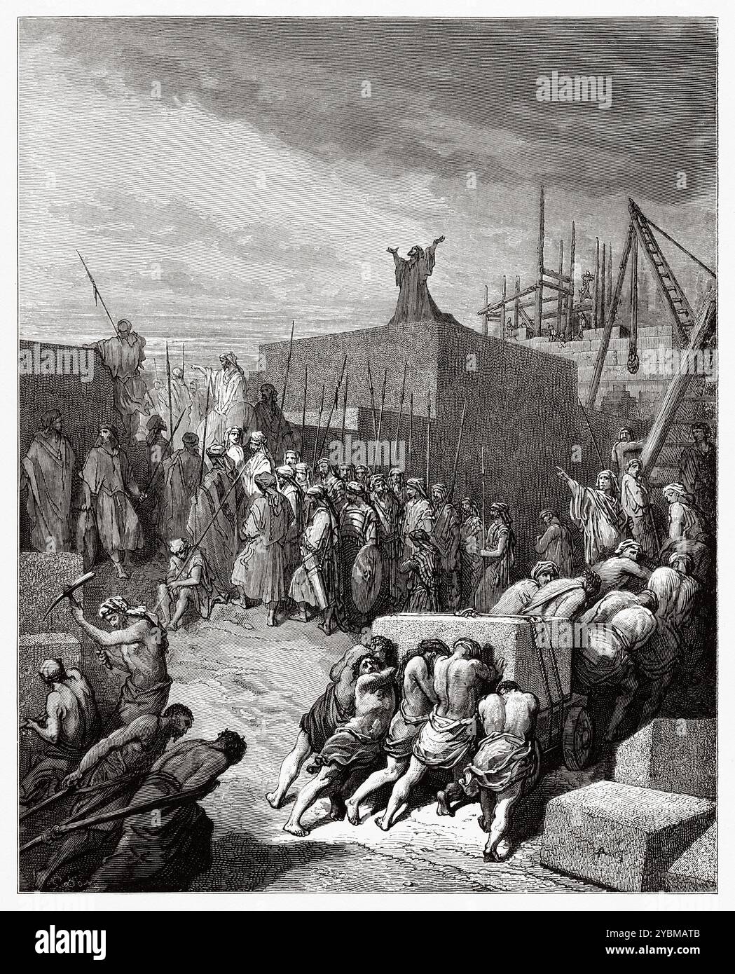 Wiederaufbau des Tempels in Jerusalem. Altes Testament. Antike Bibelillustration von Gustave Dore (1832–1883) Stockfoto