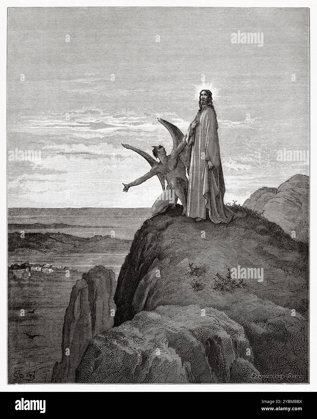 Der Teufel hat Jesus versucht, Steine in Brot zu verwandeln. Jesus wurde vom Teufel nach 40 Tagen und Nächten des Fastens in der Judäischen Wüste versucht. Neues Testament. Antike Bibelillustration von Gustave Dore (1832–1883) Stockfoto