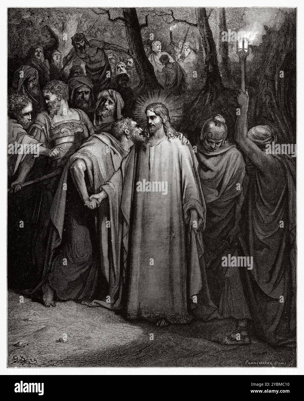 Judas verrät Christus mit einem Kuss (Matthäus 26,49) Neues Testament. Antike Bibelillustration von Gustave Dore (1832–1883) Stockfoto