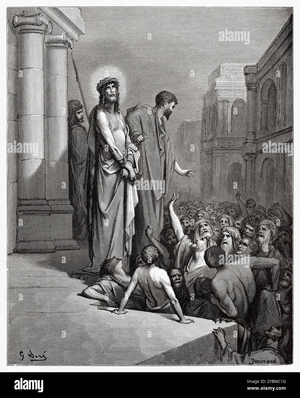 Pontius Pilatus stellt Jesus dem Volk vor. Neues Testament. Antike Bibelillustration von Gustave Dore (1832–1883) Stockfoto