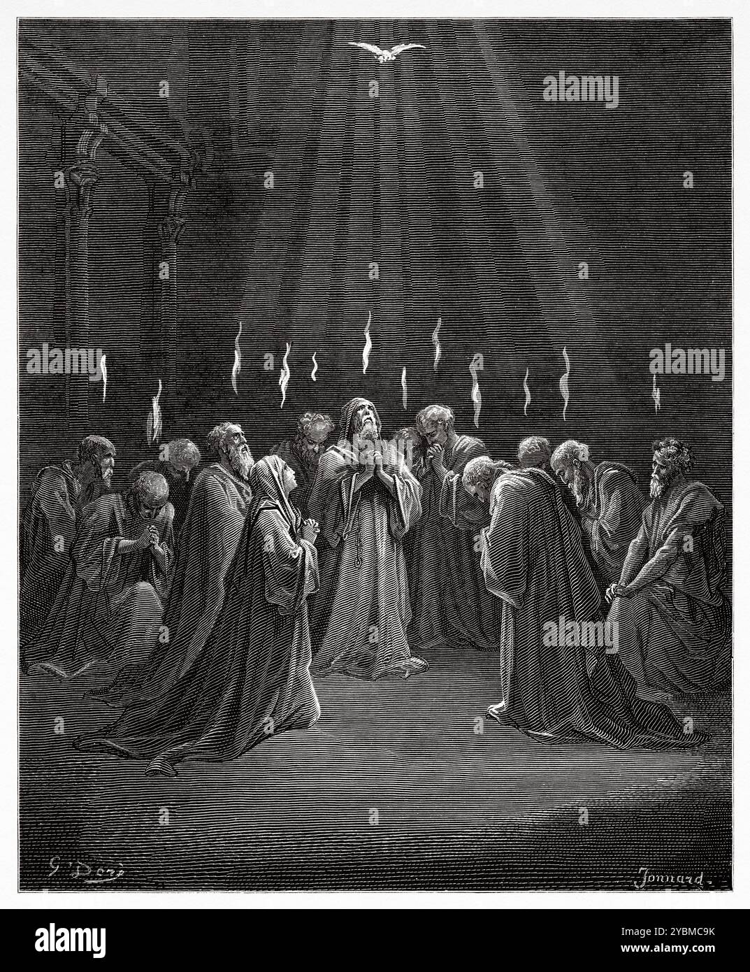 Die Ausgießung des Heiligen Geistes. Pfingsten, die Herabkunft des Heiligen Geistes. Neues Testament. Antike Bibelillustration von Gustave Dore (1832–1883) Stockfoto