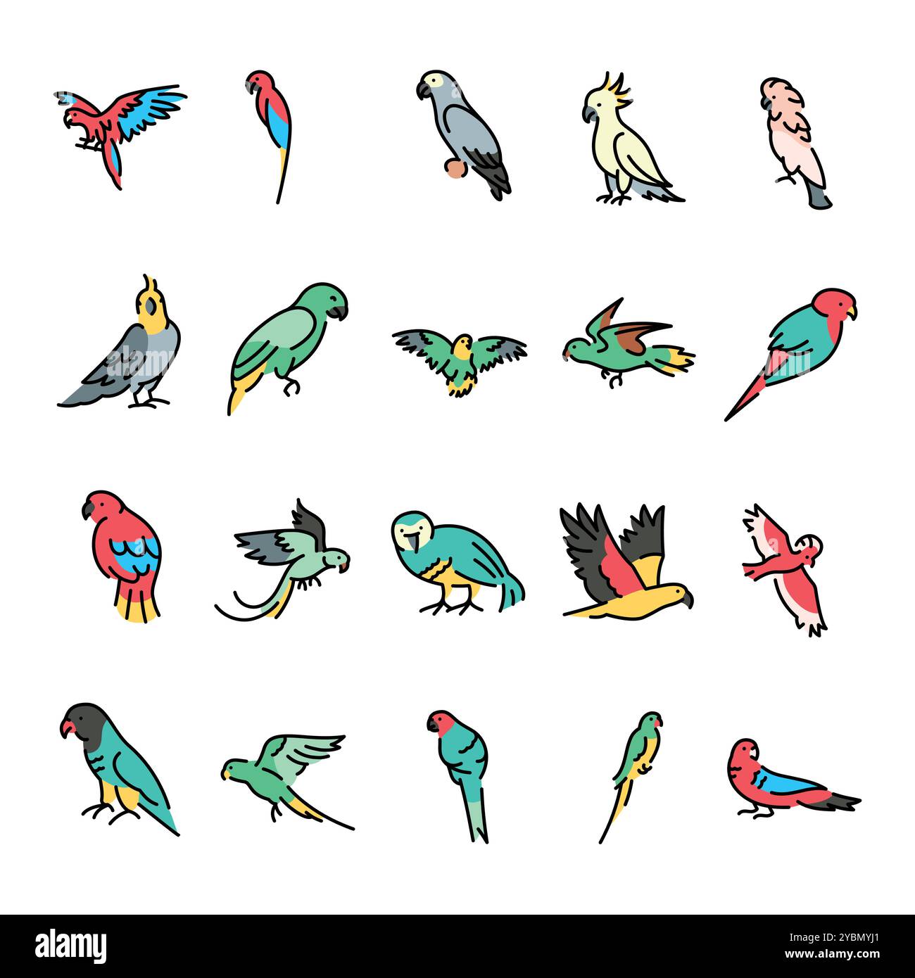 Papageien Farbsymbole gesetzt. Bearbeitbare Kontur. Vektorelemente Stock Vektor