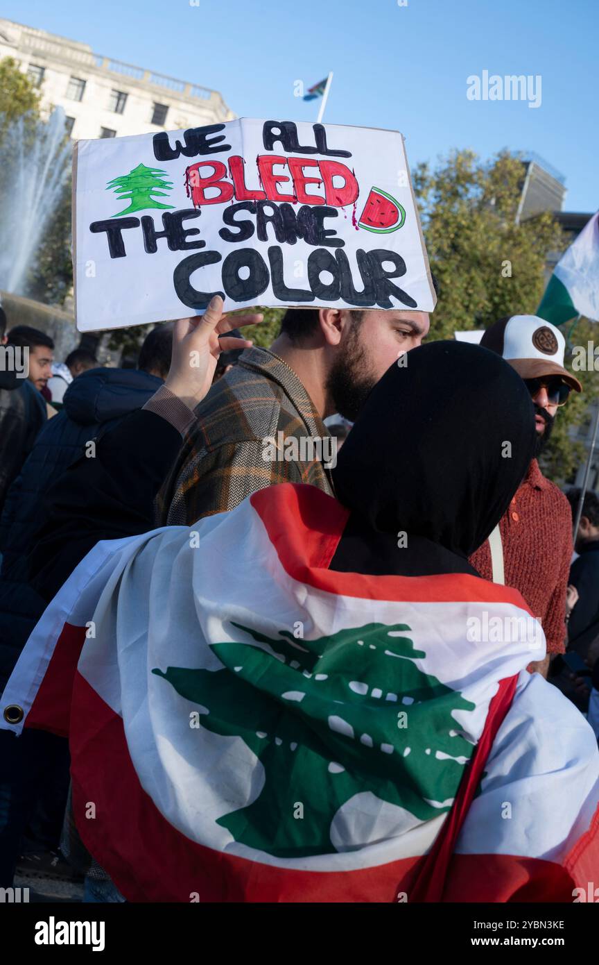 Am 19. Oktober 2024 versammelten sich Menschen auf dem Trafalgar-Platz, um für die Unterstützung Palästinas zu protestieren und einen Waffenstillstand und das Ende der Bombardierung von Gaza an zu fordern Stockfoto
