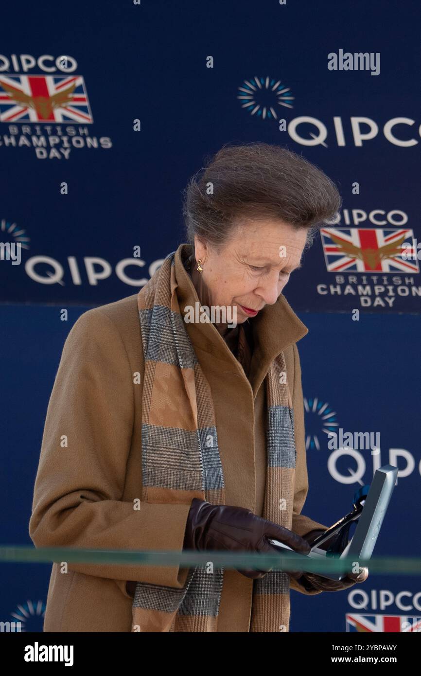 Ascot, Berkshire, Großbritannien. Oktober 2024. Die Prinzessin Royal, Prinzessin Anne Made, überreichte heute beim QIPCO British Champions Day 2024 eine Medaille mit Jack Berry MBE auf der Ascot Racecourse in Berkshire. Jack Berry MBE wurde in die QIPCO British Champions Series Hall of Fame aufgenommen. Er war die größte Spendenaktion des Rennens. Jack war maßgeblich an der Gründung des verletzten Jockey's Fund vor 60 Jahren beteiligt und seine Vision führte zu Oaksey House in Lambourn, Berkshire und Berry House in Malton, Yorkshire. Beide sind erstklassige Rehabilitationszentren für Jockeys. Quelle: Maureen McLean/Alamy Live News Stockfoto