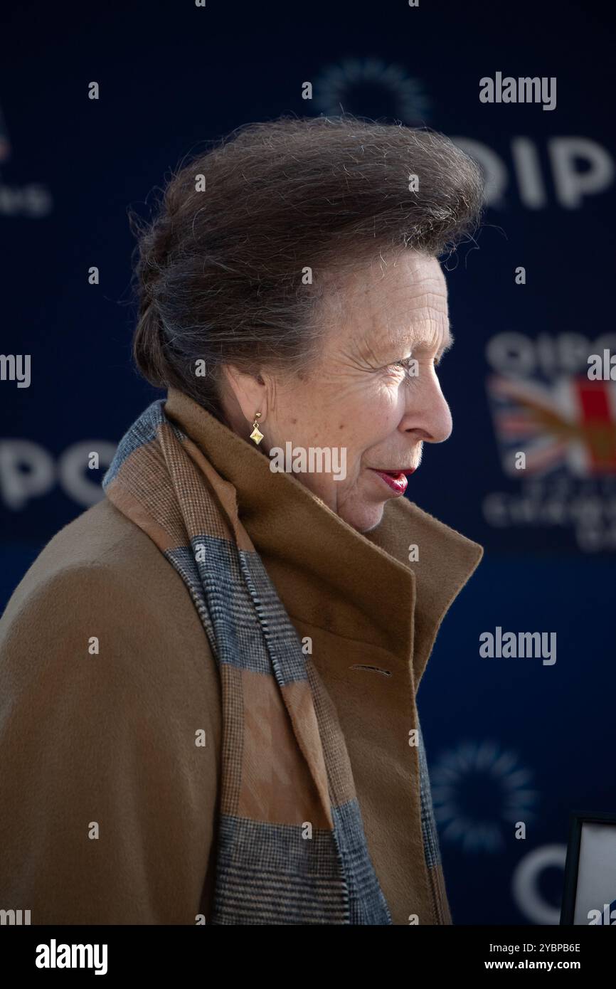 Ascot, Berkshire, Großbritannien. Oktober 2024. Die Prinzessin Royal, Prinzessin Anne Made, überreichte heute beim QIPCO British Champions Day 2024 eine Medaille mit Jack Berry MBE auf der Ascot Racecourse in Berkshire. Jack Berry MBE wurde in die QIPCO British Champions Series Hall of Fame aufgenommen. Er war die größte Spendenaktion des Rennens. Jack war maßgeblich an der Gründung des verletzten Jockey's Fund vor 60 Jahren beteiligt und seine Vision führte zu Oaksey House in Lambourn, Berkshire und Berry House in Malton, Yorkshire. Beide sind erstklassige Rehabilitationszentren für Jockeys. Quelle: Maureen McLean/Alamy Live News Stockfoto