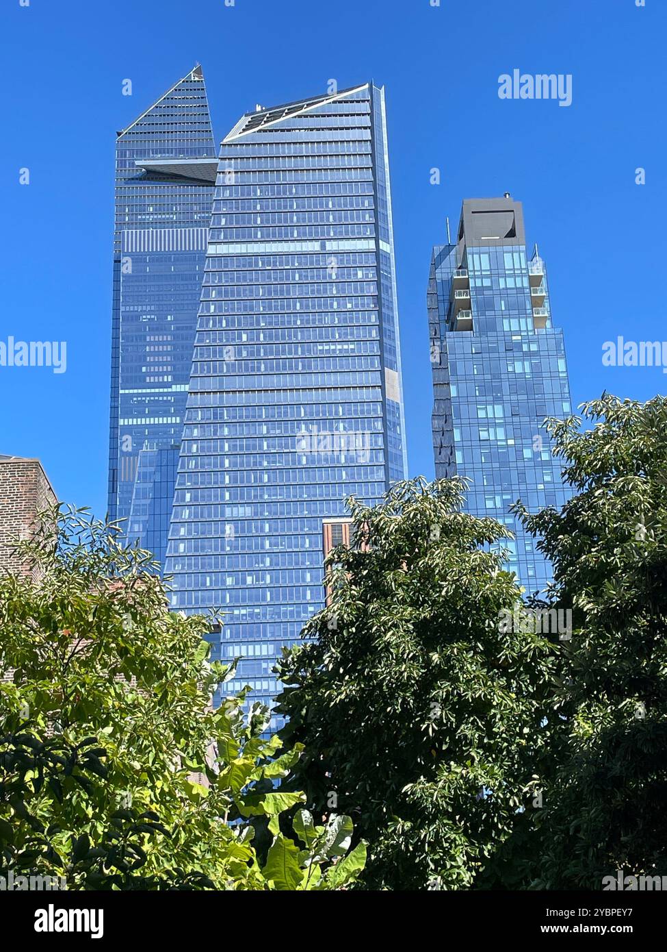 Die Wolkenkratzer der Hudson Yards von der High Line aus gesehen, einer erhöhten Güterzuglinie, die heute Public Park, 2024, New York City, USA Stockfoto