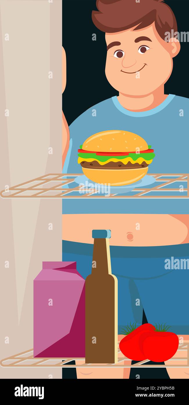 Der fette Mann vor dem Kühlschrank schaut sich einen Hamburger an. Flasche, Milch und Tomaten im Kühlschrank. Stock Vektor