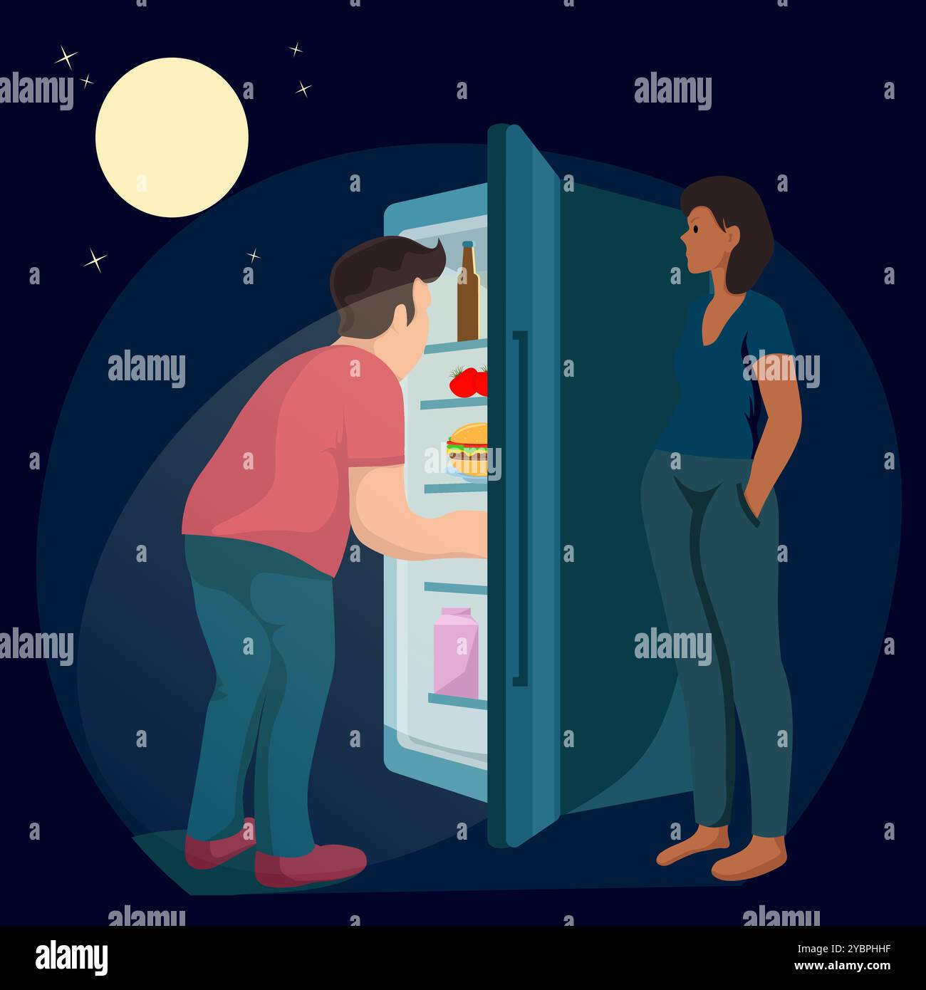 Illustration eines späten Nachts in der Küche im Dunkeln, eines offenen Kühlschranks und einer Frau, die mit einem bösen Gesicht wartet. Stock Vektor